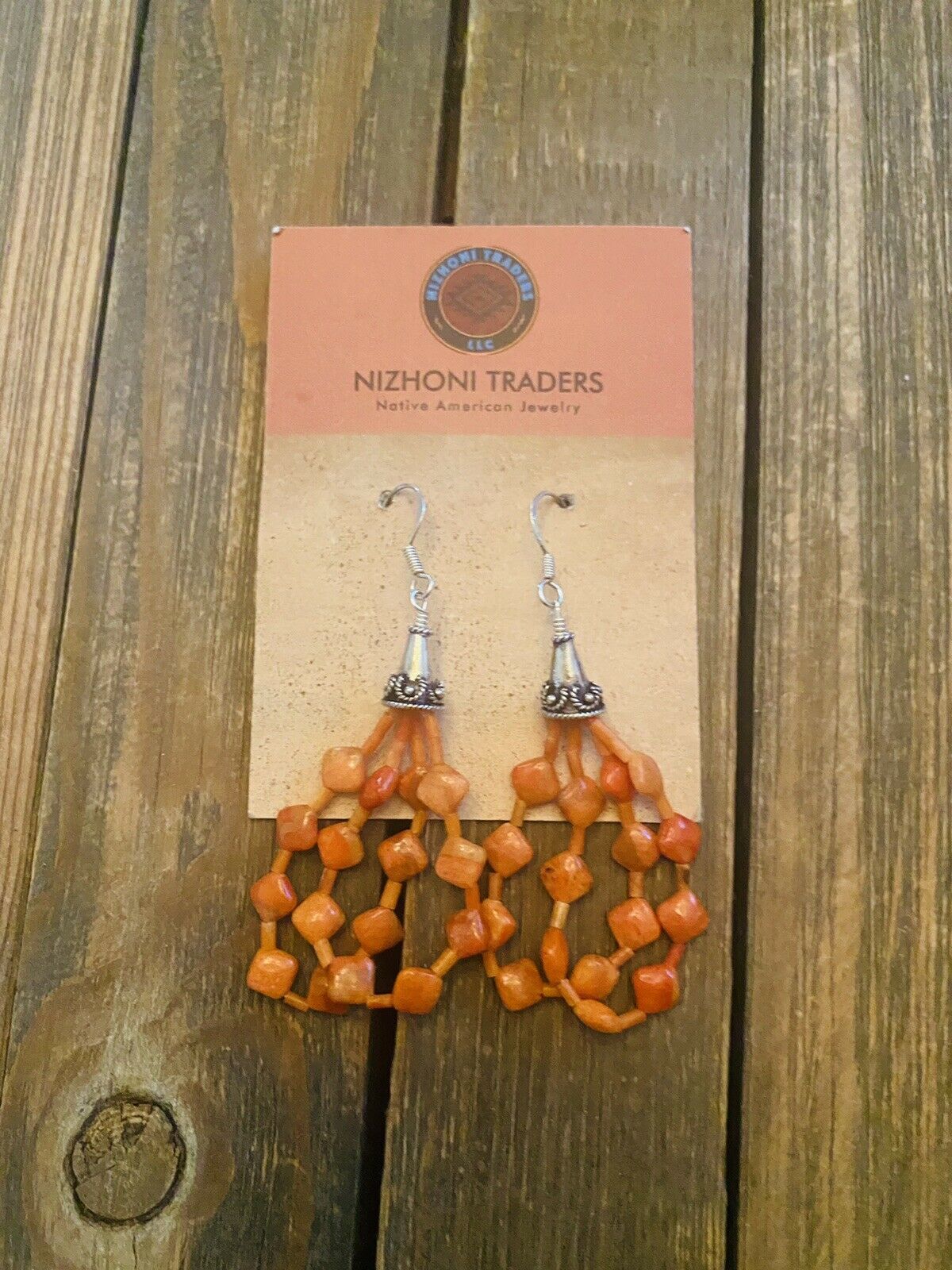 Navajo Sterling Silver Apple Coral Beaded Dangle Earrings