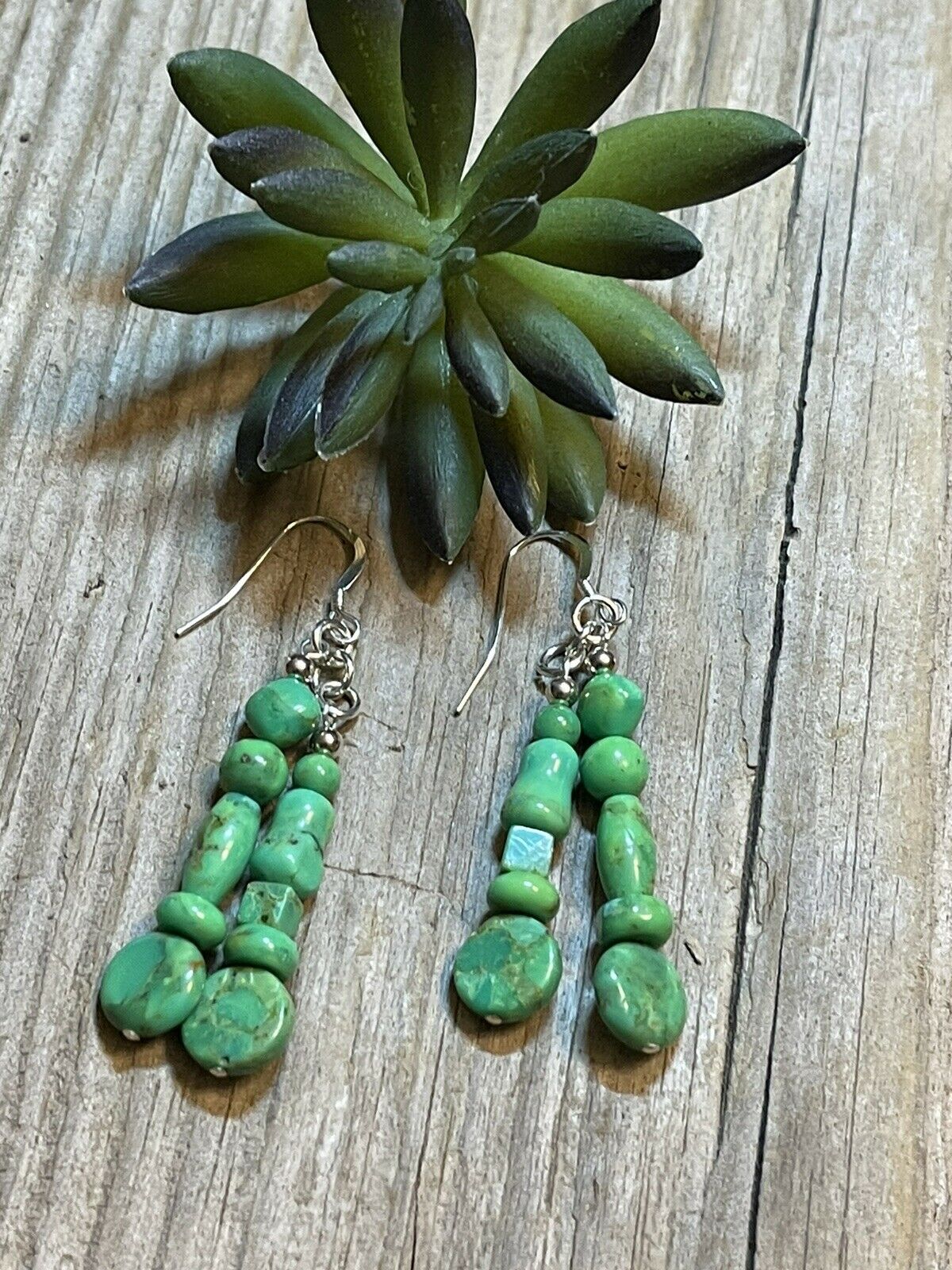 Beautiful Navajo Sterling Dyed Green Kingman Turquoise Multi Bead Earrings