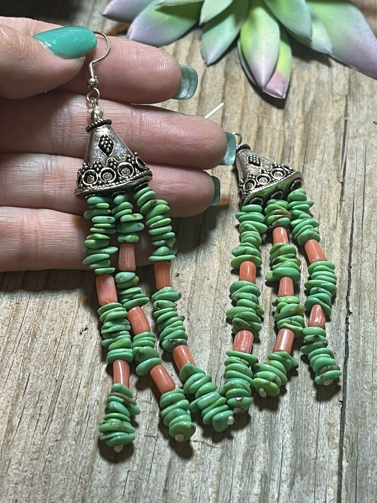 Navajo Sterling Dyed Green Kingman Turquoise and Pink Coral Bead Earrings