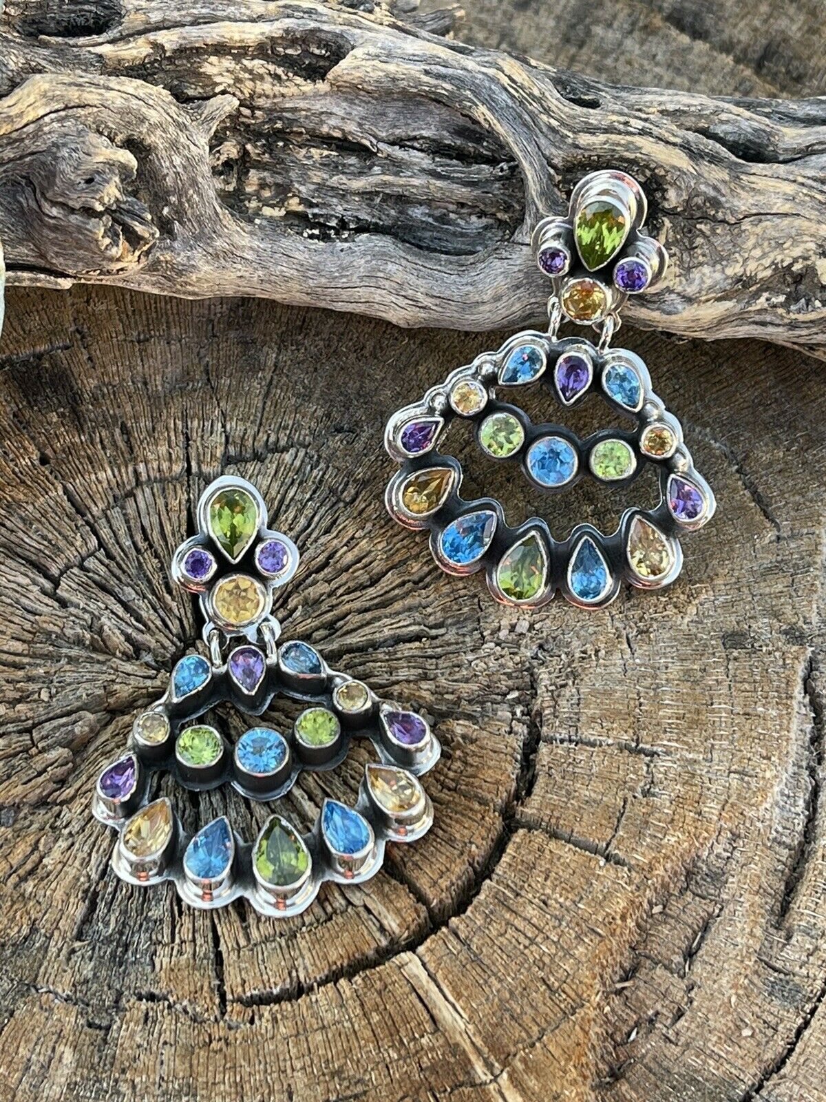 Navajo Sterling Silver & Natural Gem Stone Dangle Earrings