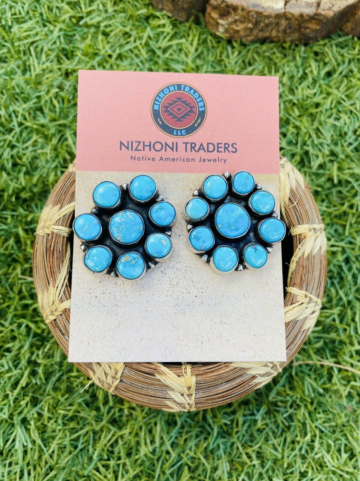 Navajo Sterling Silver & Turquoise Cluster Stud Earrings By Ella Peter