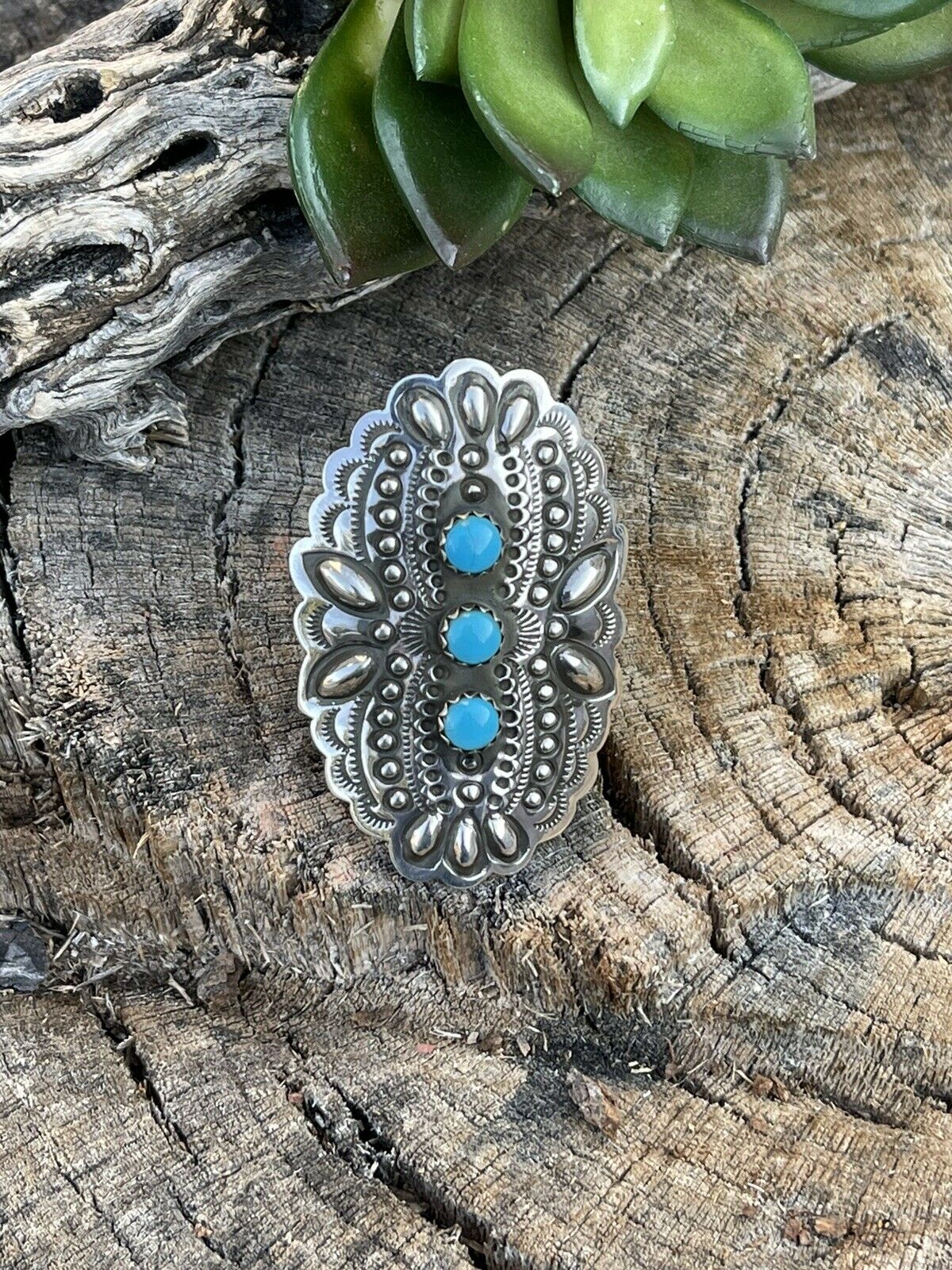 Navajo 3 Stone Turquoise & Sterling Silver Concho Ring Adjustable Signed L.Tahe