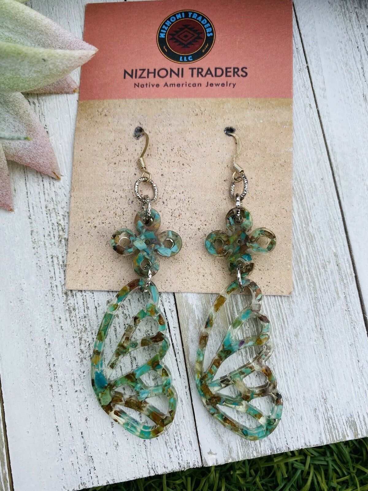 Navajo Turquoise & Resin Butterfly Wing Dangle Earrings