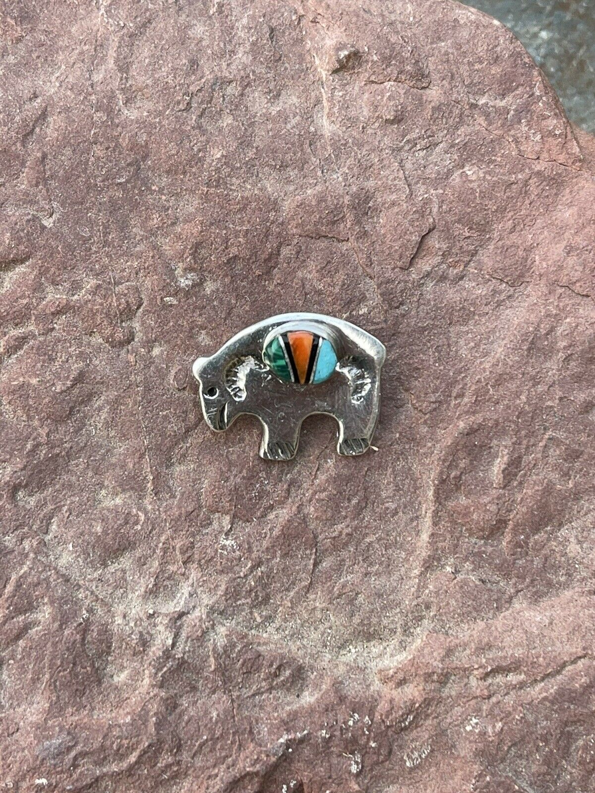 Navajo Sterling Silver Multi Stone Buffalo Pendant Pin Signed