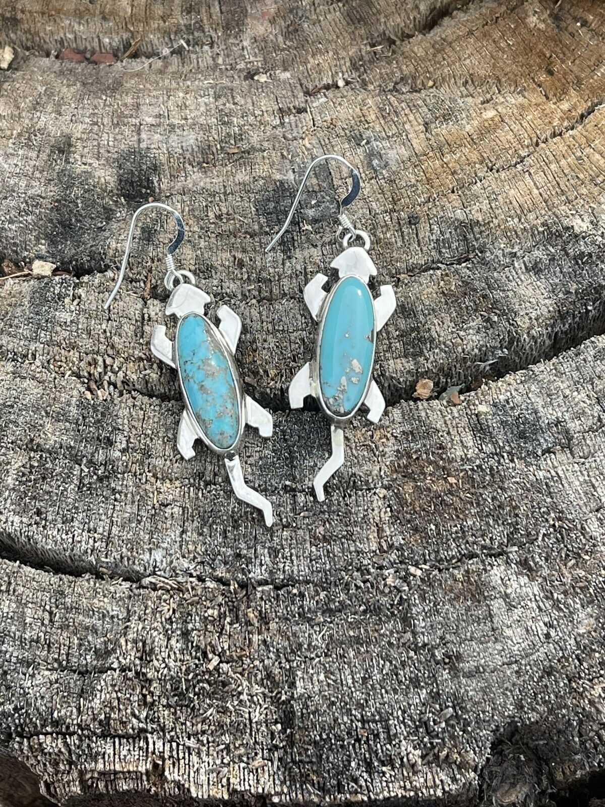 Navajo Sterling Silver Turquoise Stone Gecko Dangle Earrings Signed