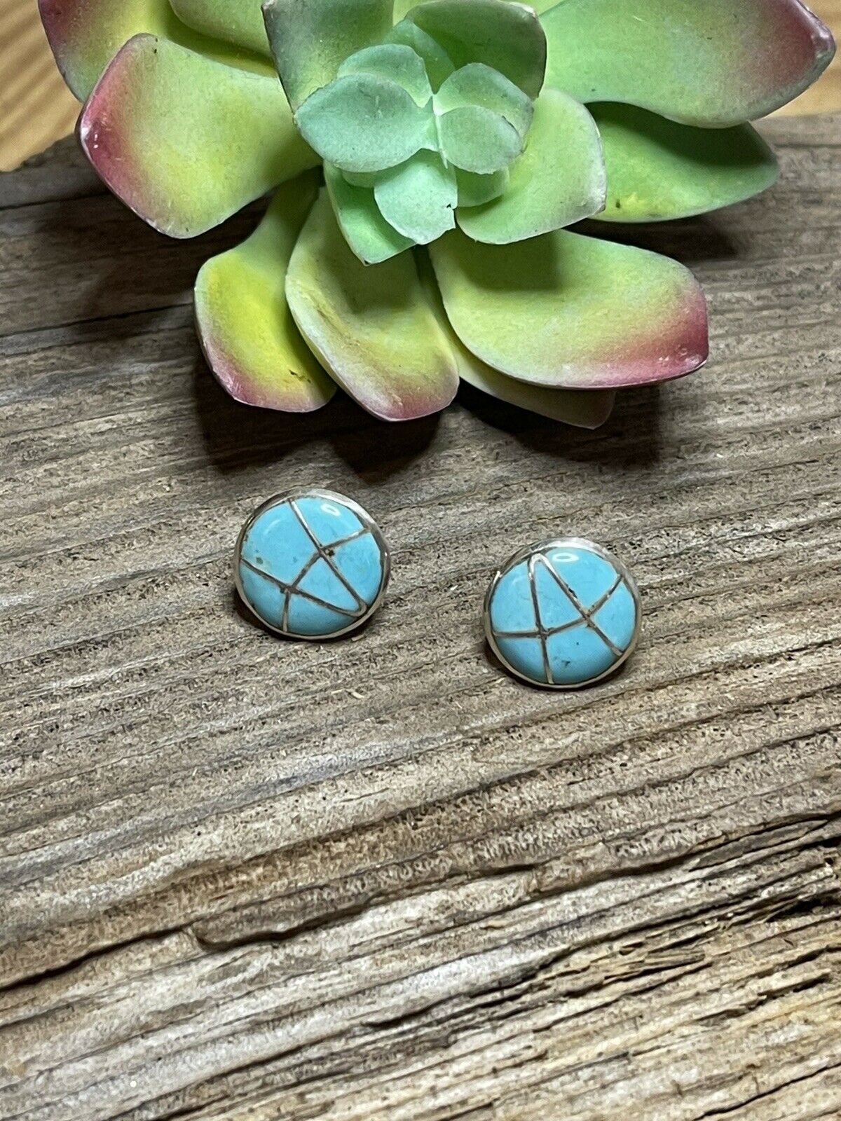 Native American Turquoise Inlay Sterling popular Silver Handmade Post Earrings 1 7/8