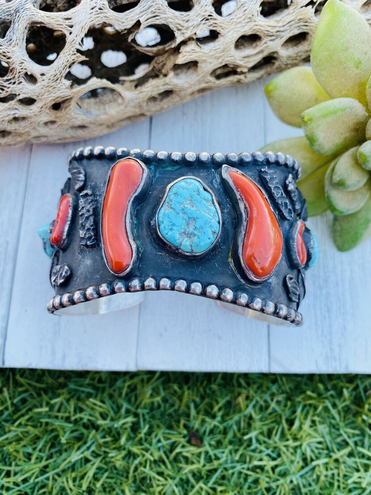 Vintage Navajo Turquoise, Coral & Sterling Silver Cuff Bracelet