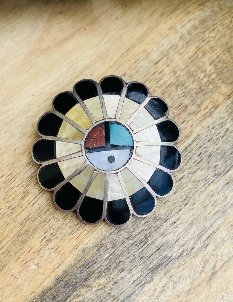 Vintage Zuni Sterling Silver & Multi Stone Sub Face Pin