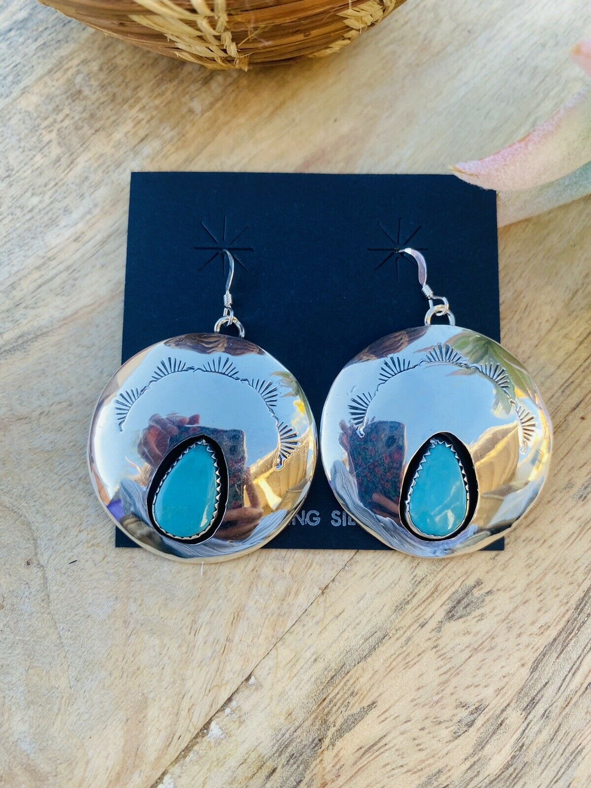 Navajo Sterling Silver & Turquoise Circle Dangle Earrings Signed