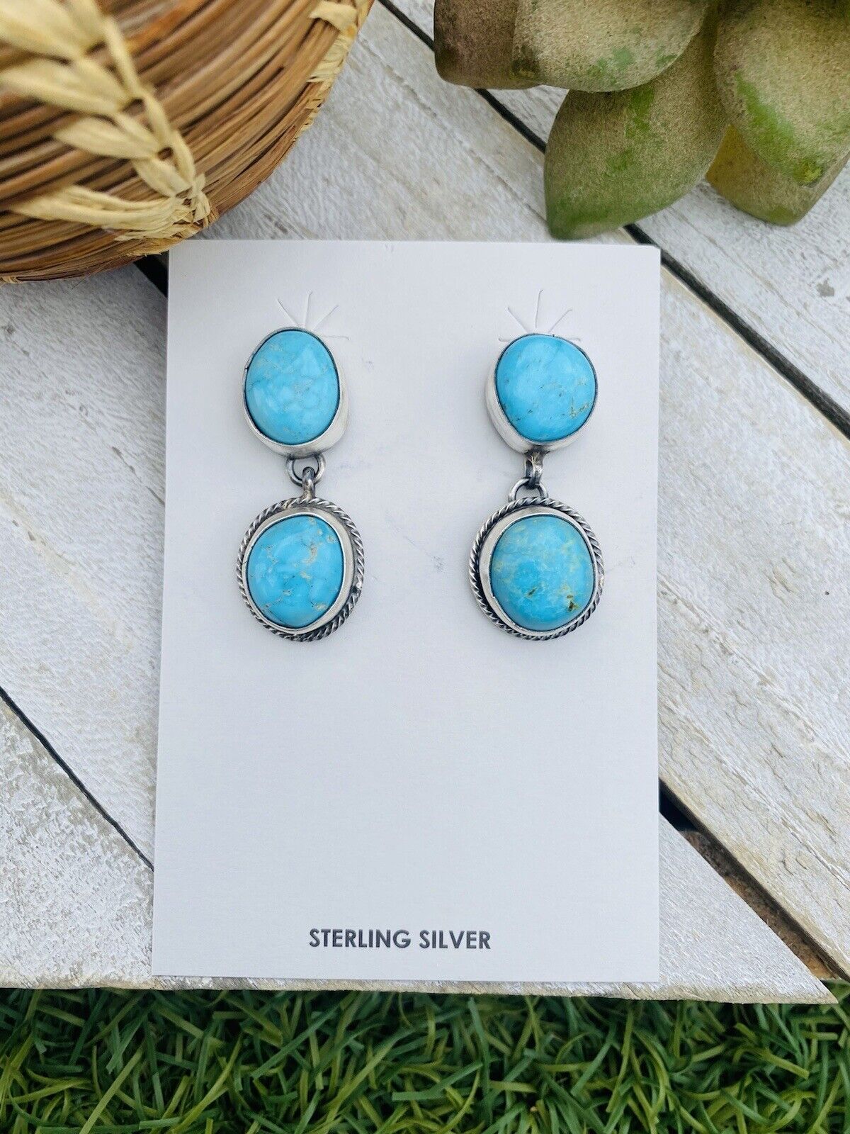 Navajo Sterling Silver & Turquoise Hand Stamped Dangle Earrings