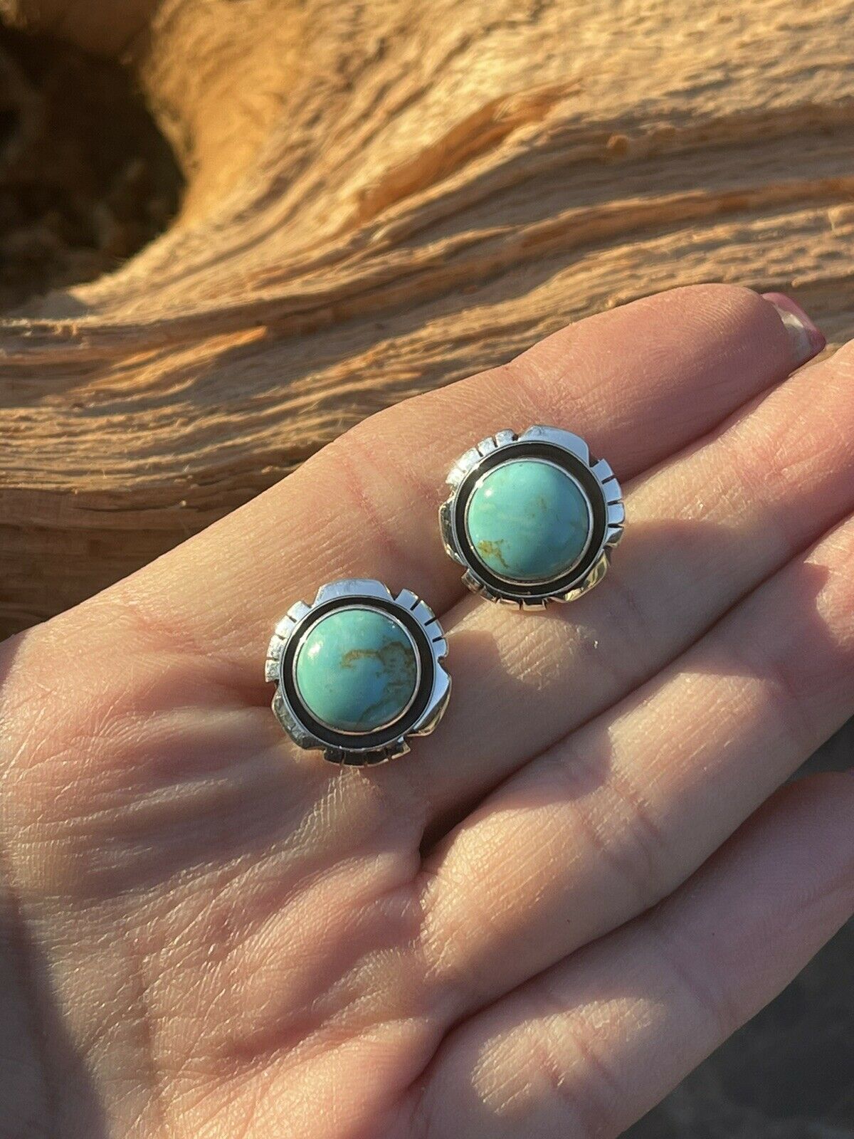 Navajo Turquoise & Sterling Silver 5/8 Inch Stud Earrings Signed