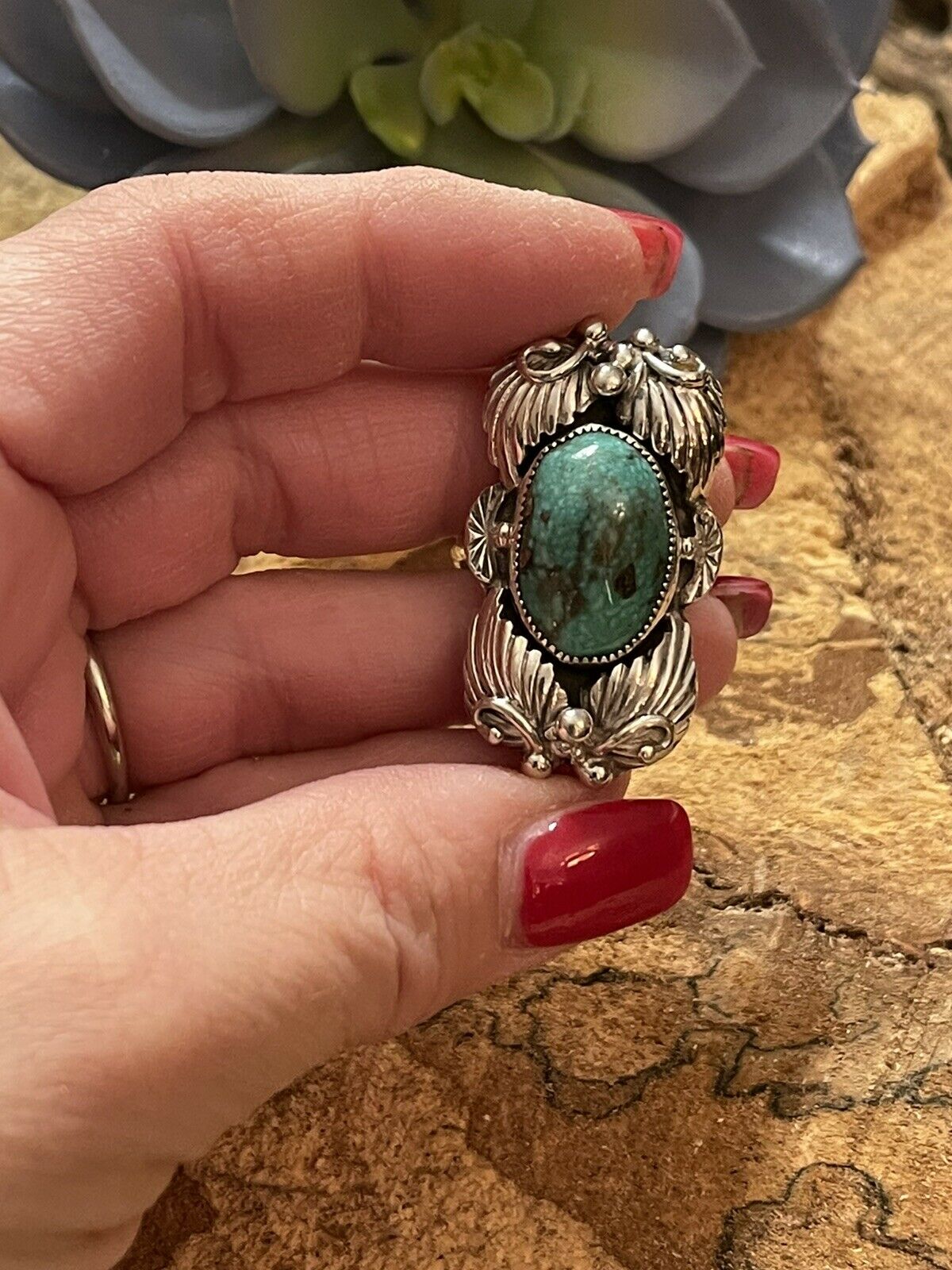 Navajo Southwest Styling Turquoise & Sterling Silver Statement Ring Size 9.5