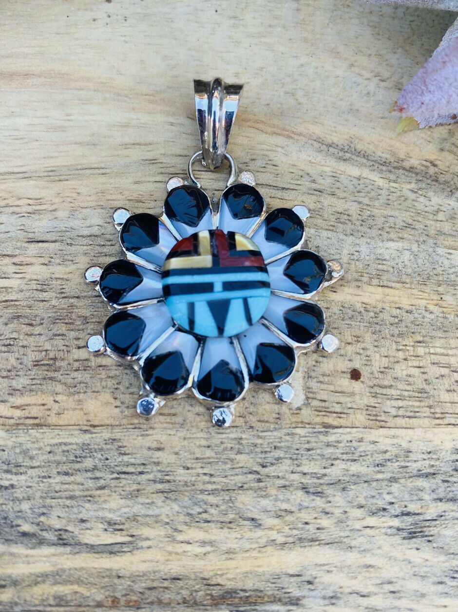 Vintage Zuni Multi Stone & Sterling Silver Inlay Sun Face Pendant