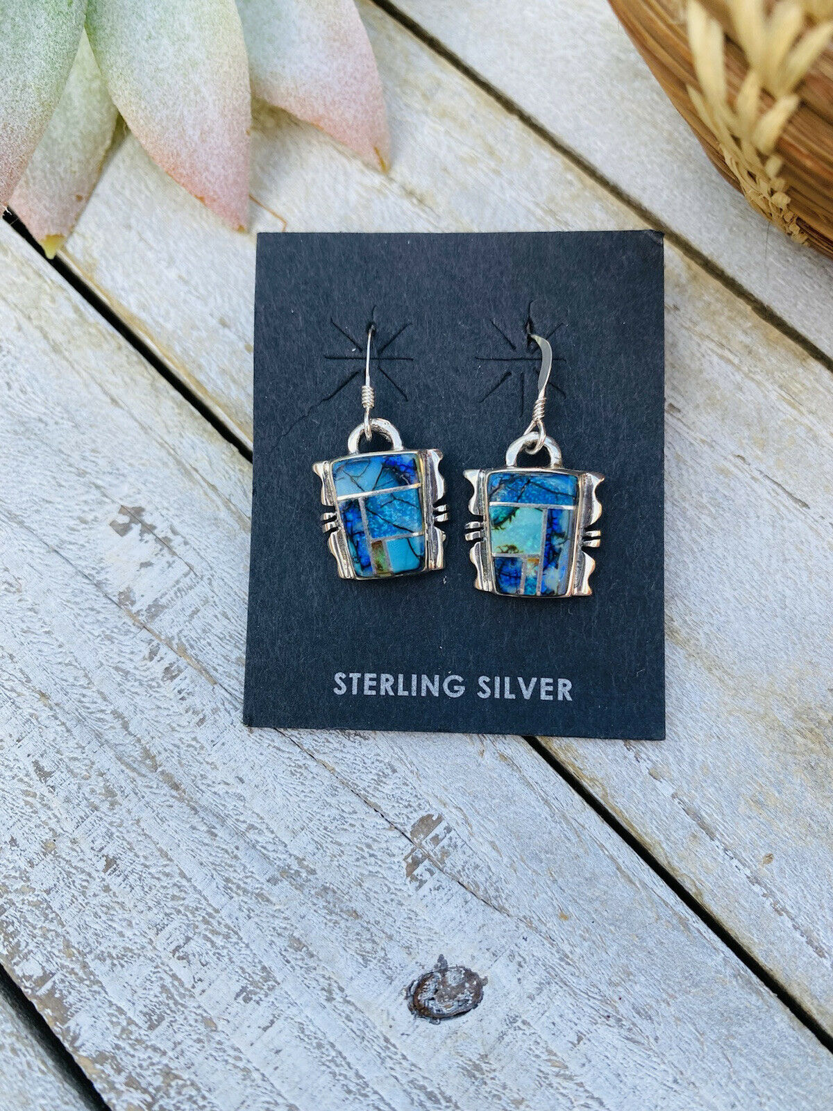 Navajo Natural Opal And Sterling Silver Inlay Dangle Earrings