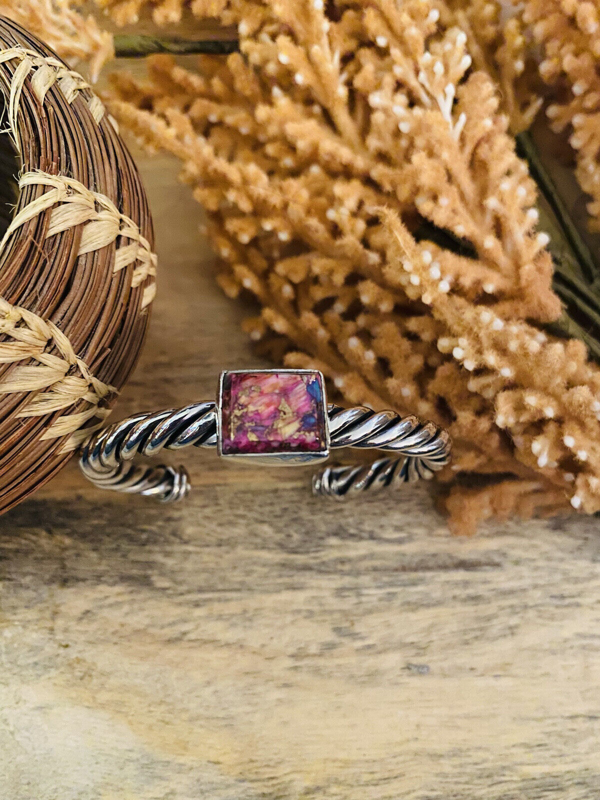 Navajo Pink Dream Mohave square & Sterling Silver Square Cuff Bracelet