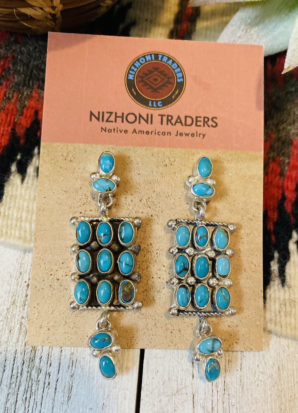 Navajo Turquoise & Sterling Silver Cluster Dangle Earrings Signed