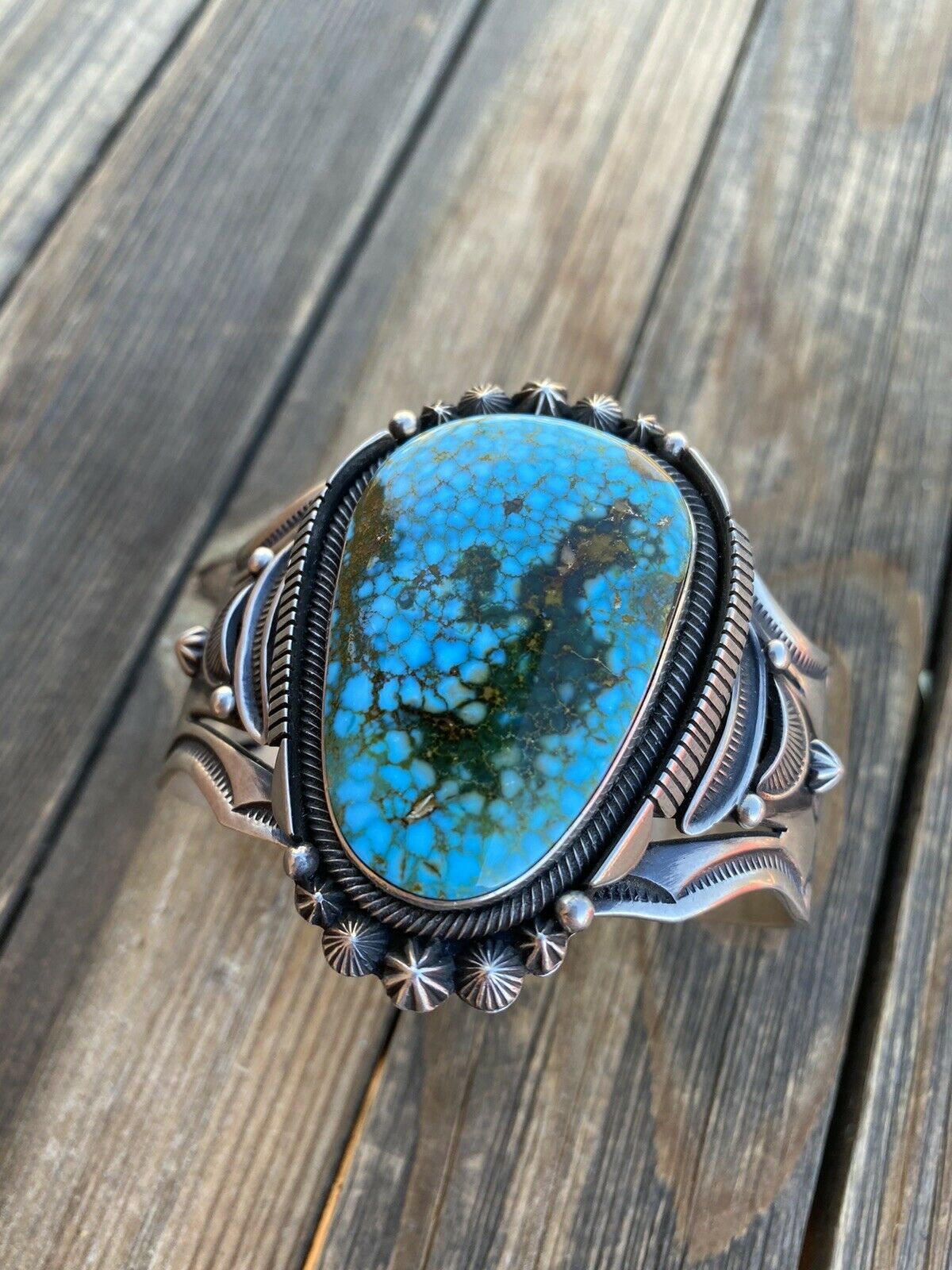 Aaron Toadlena Kingman Web Turquoise Handmade Sterling Cuff Signed