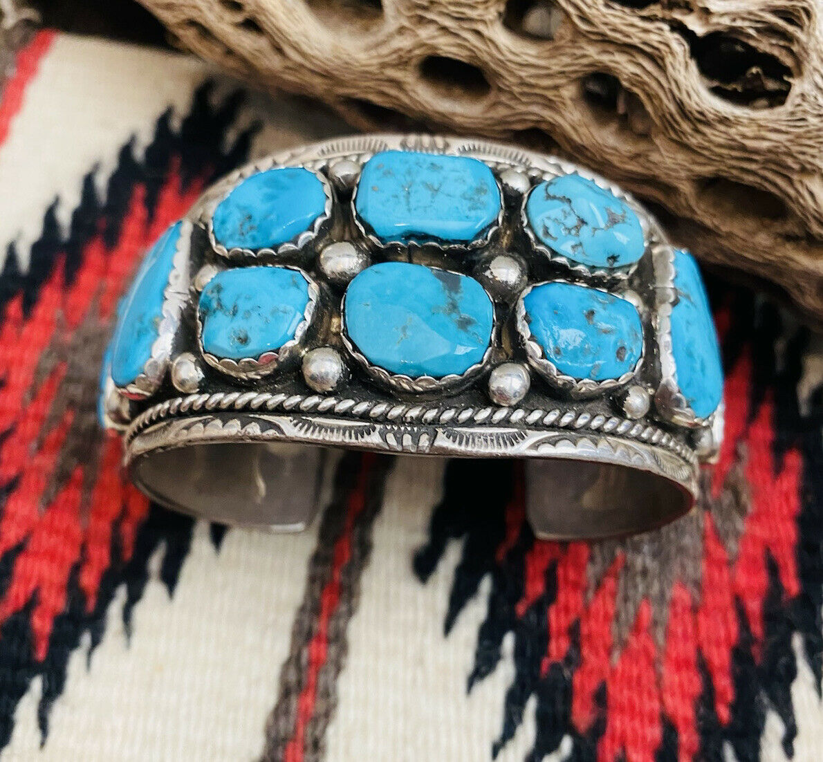 Navajo Old Pawn Vintage Kingman Turquoise & Sterling Silver Cuff Bracelet