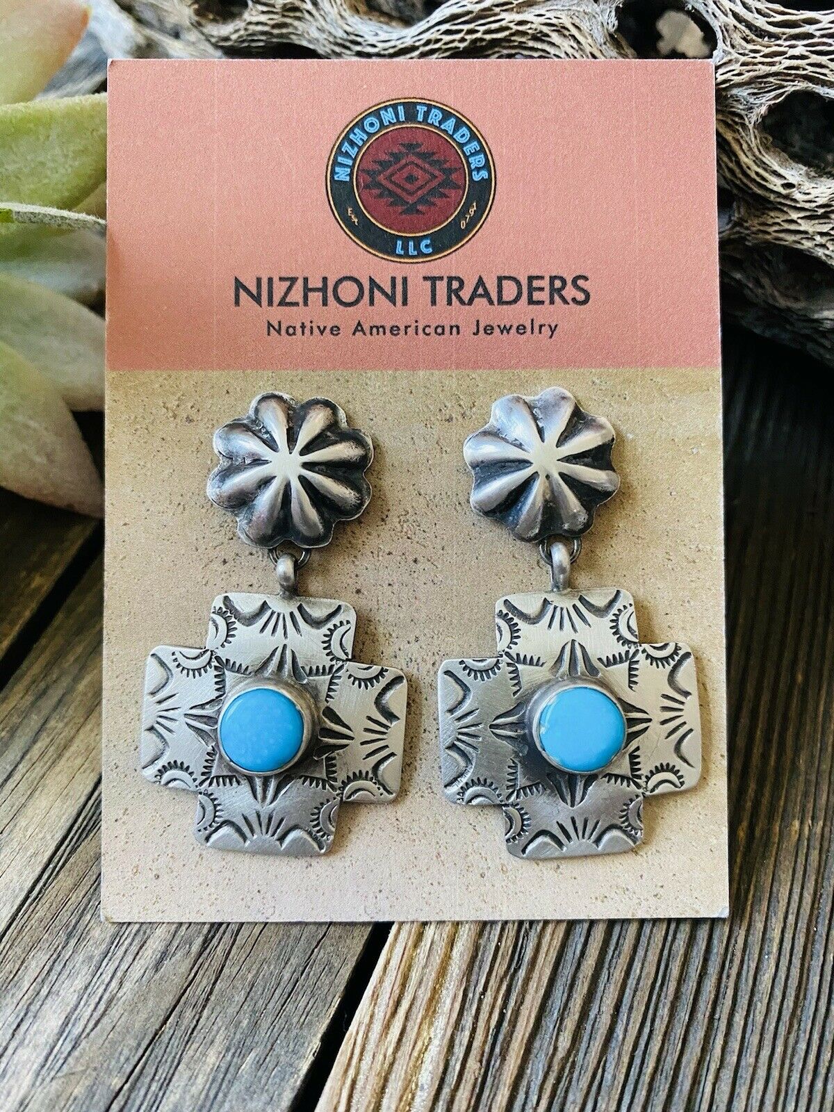 Navajo Turquoise & Sterling Silver Concho Cross Dangle Earrings