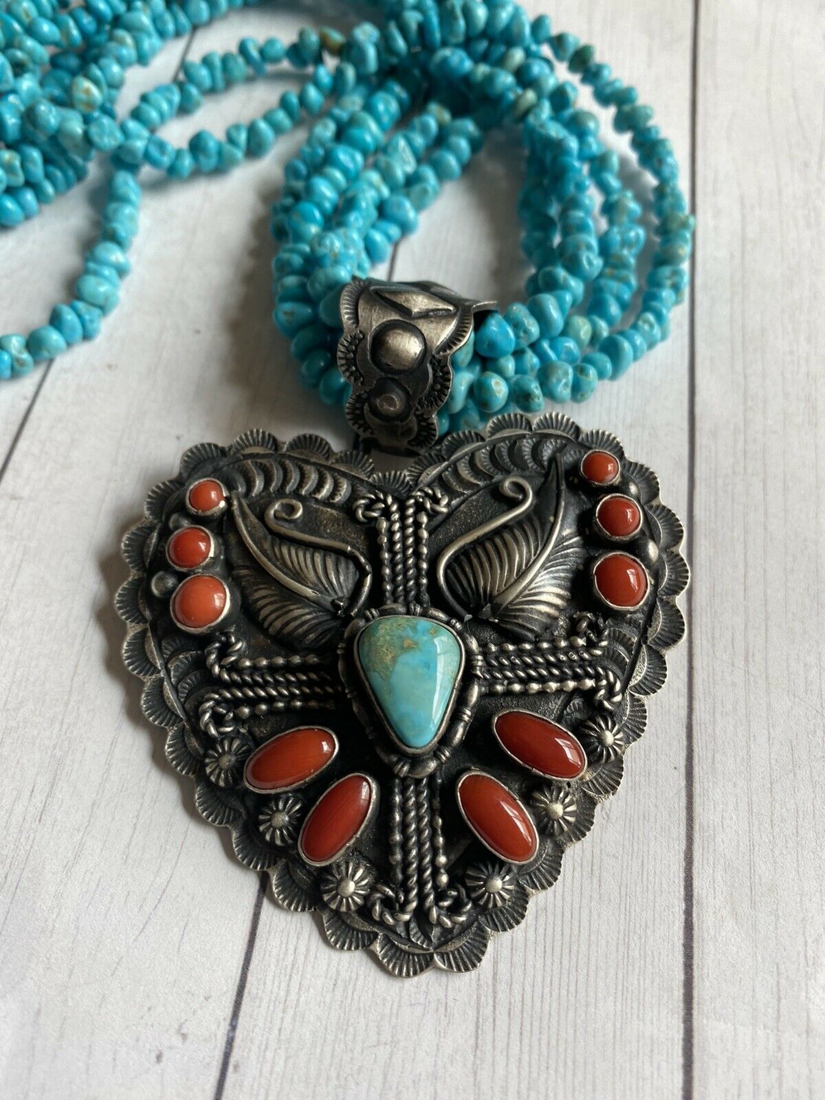 Shawn Cayatenito Sterling Silver Turquoise & Coral Heart Pendant Signed