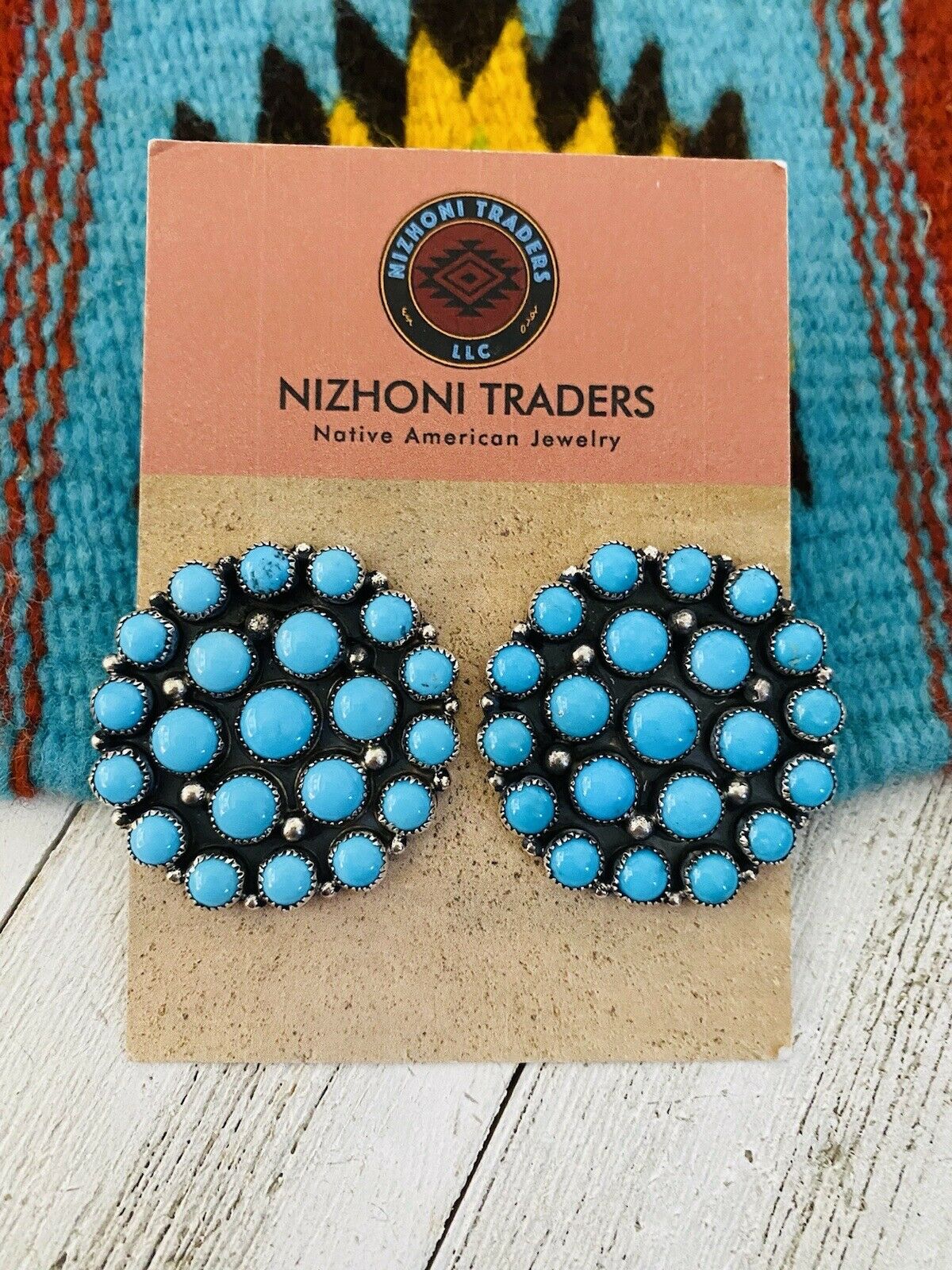 Navajo Sleeping Beauty Turquoise & Sterling Silver Cluster Stud Earrings Signed