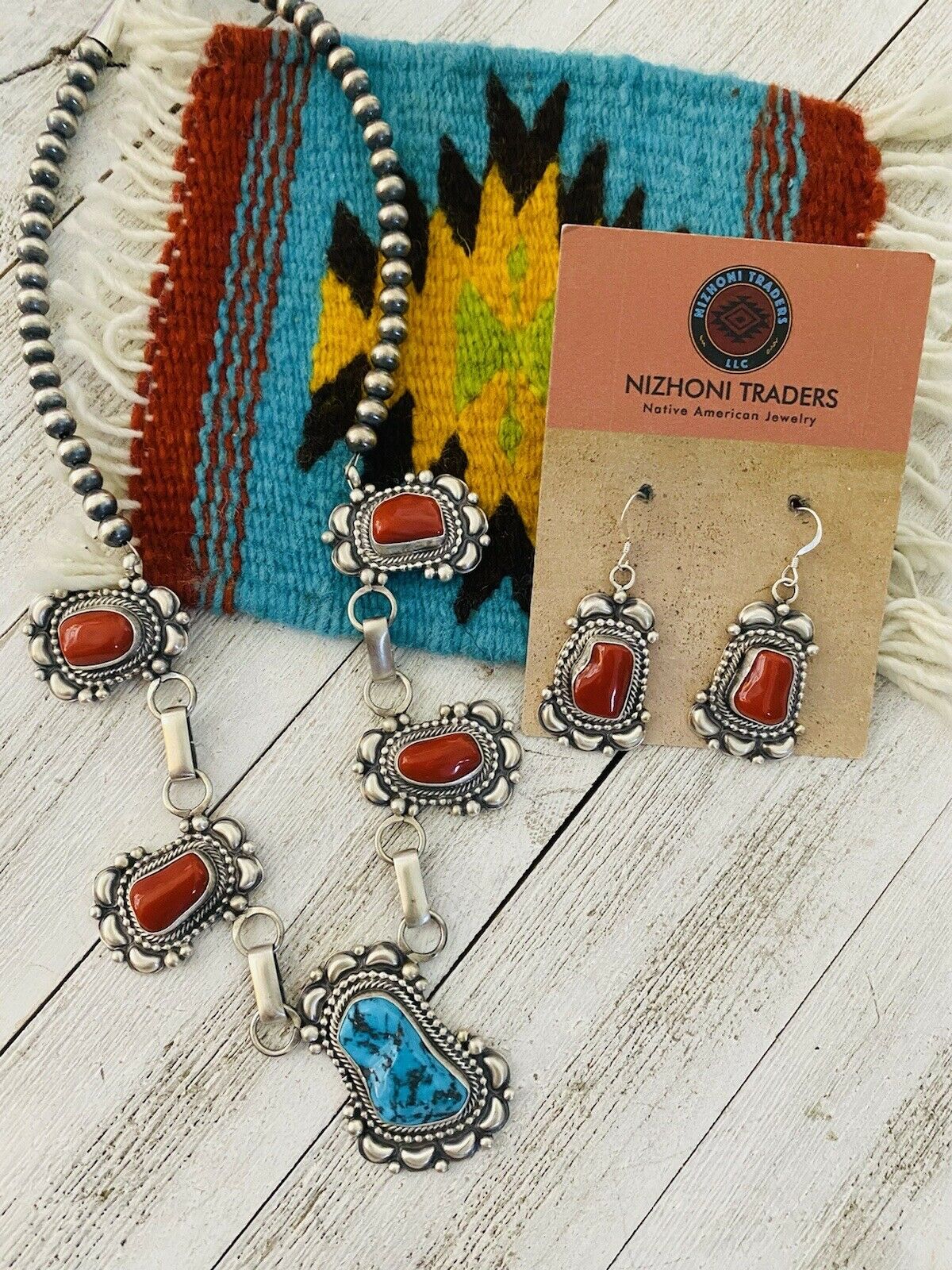 Navajo Sterling Silver & Kingman Turquoise Necklace & Earring Set By Tom Lewis