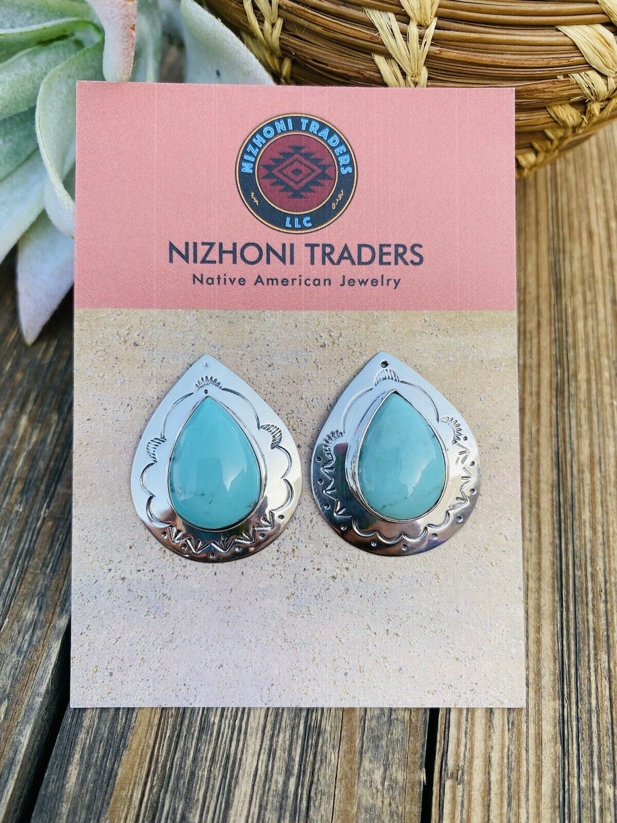 Navajo Hand Stamped Sterling Silver & Turquoise Post Earrings Signed