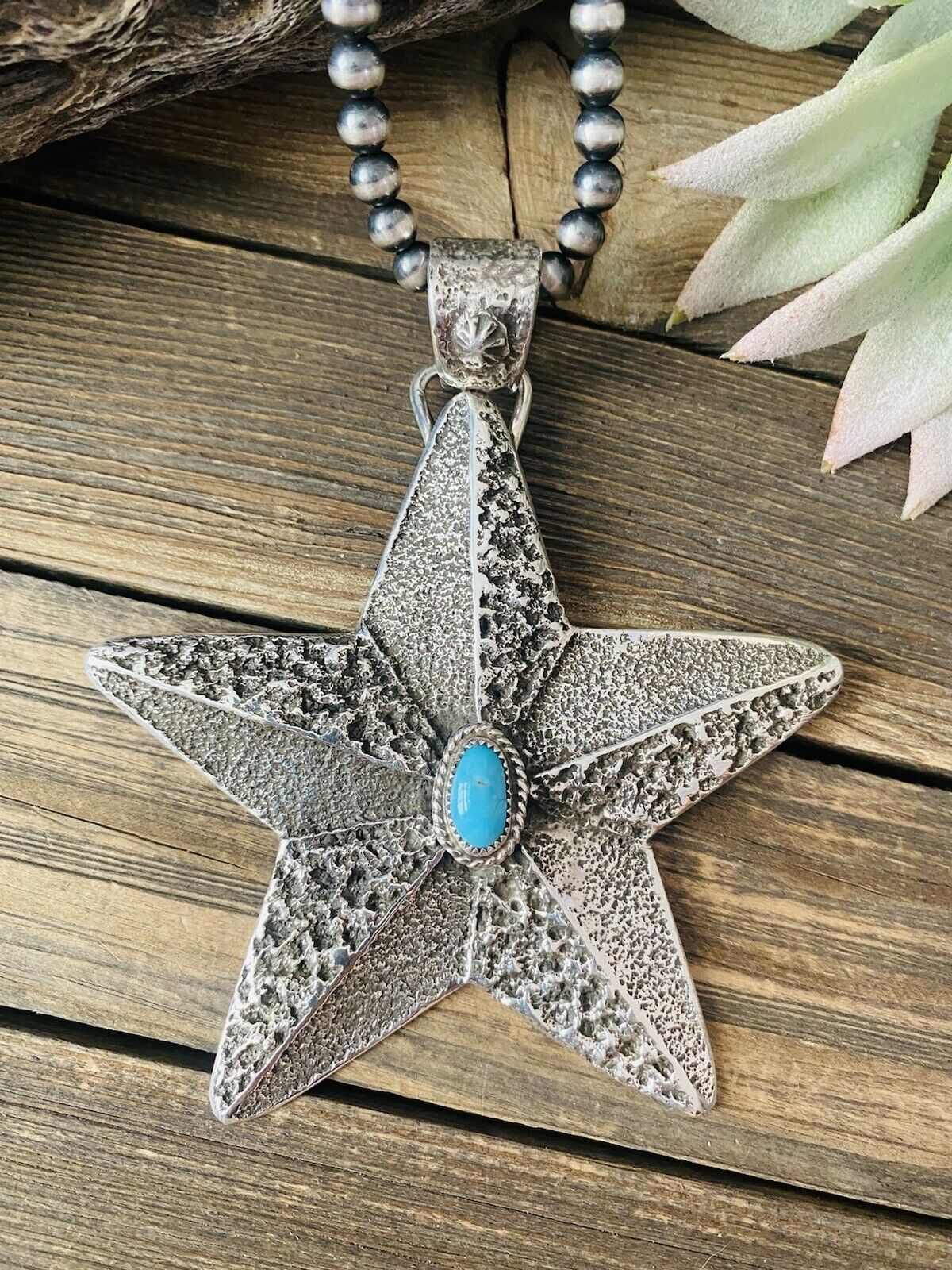 Navajo Turquoise & Sterling Silver Tufa Cast Star Pendant