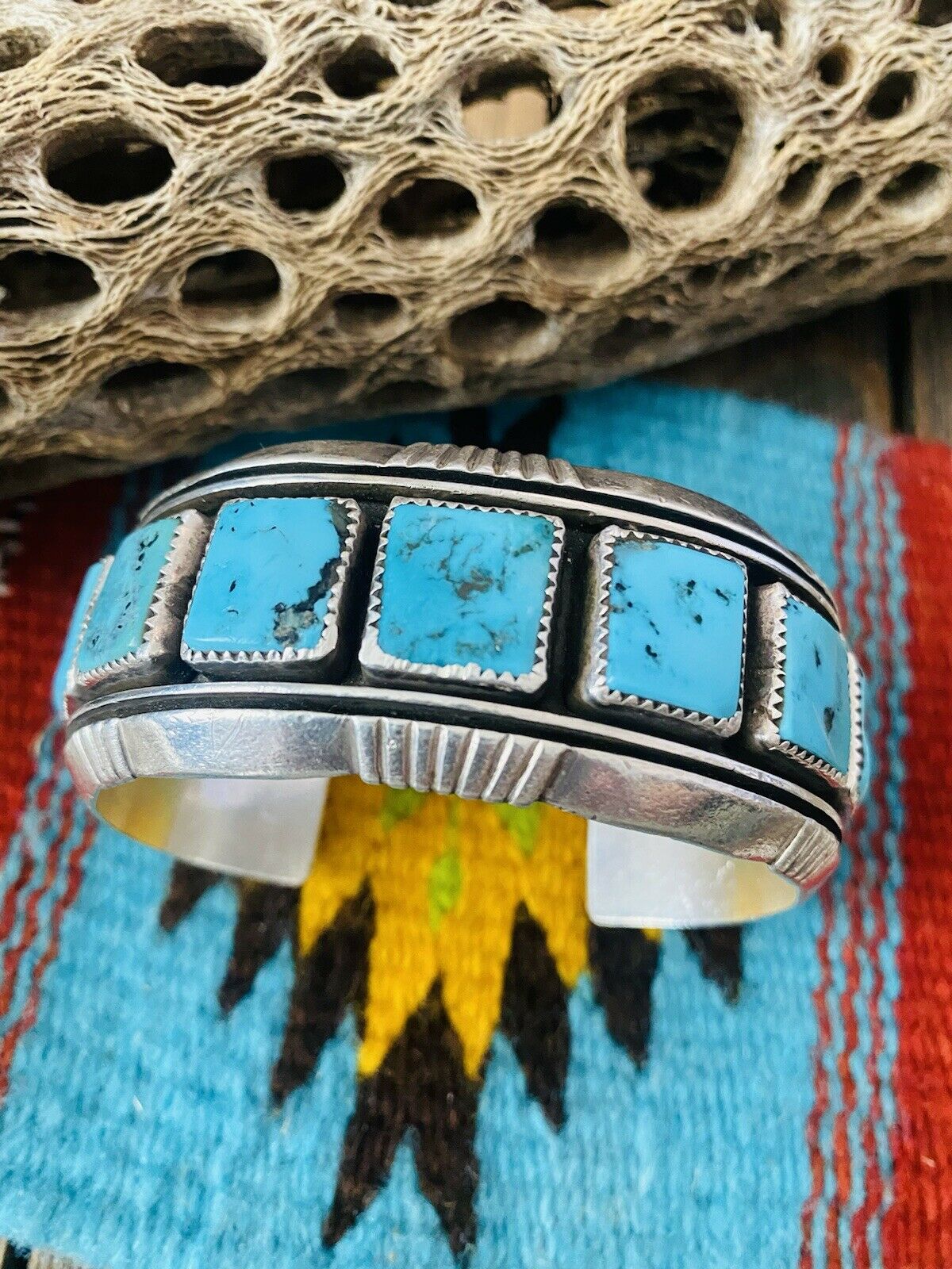 Navajo Kingman Turquoise, Coral Sterling Silver Cuff Bracelet Signed