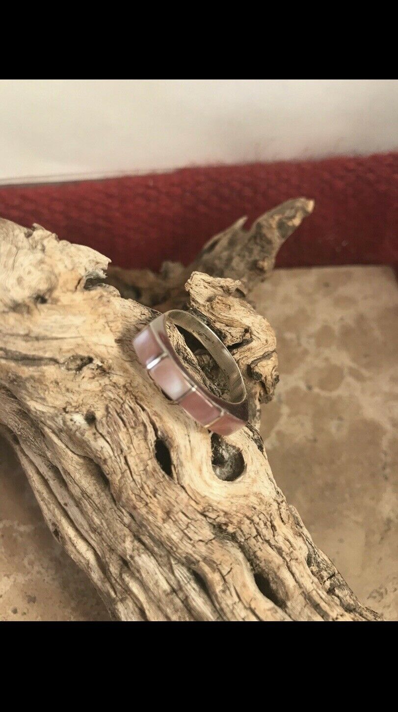 Unique Navajo Handmade Sterling Silver Pink Mussel Shell Band Ring