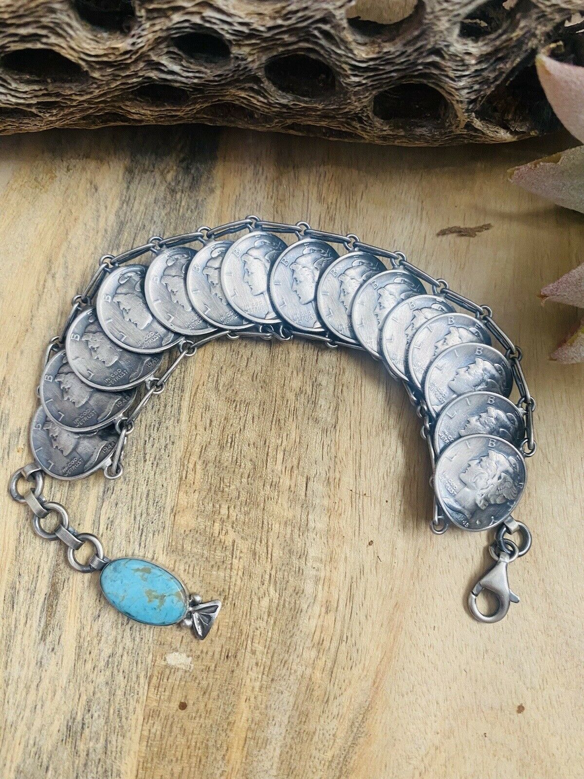 Navajo Turquoise & Sterling Silver Liberty Dime Bracelet By James McCabe