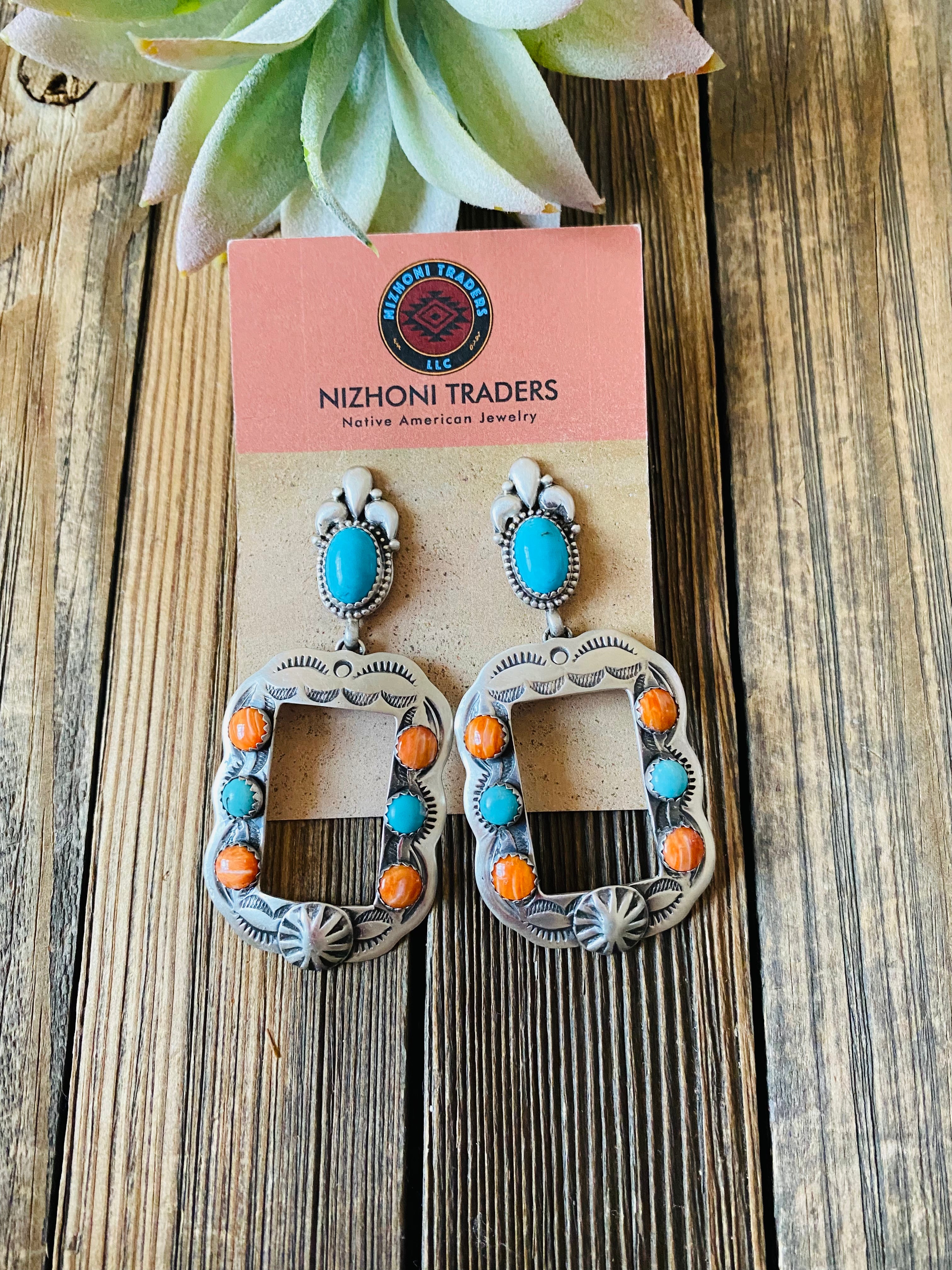 Navajo Turquoise, Spiny & Sterling Silver Concho Dangle Earrings