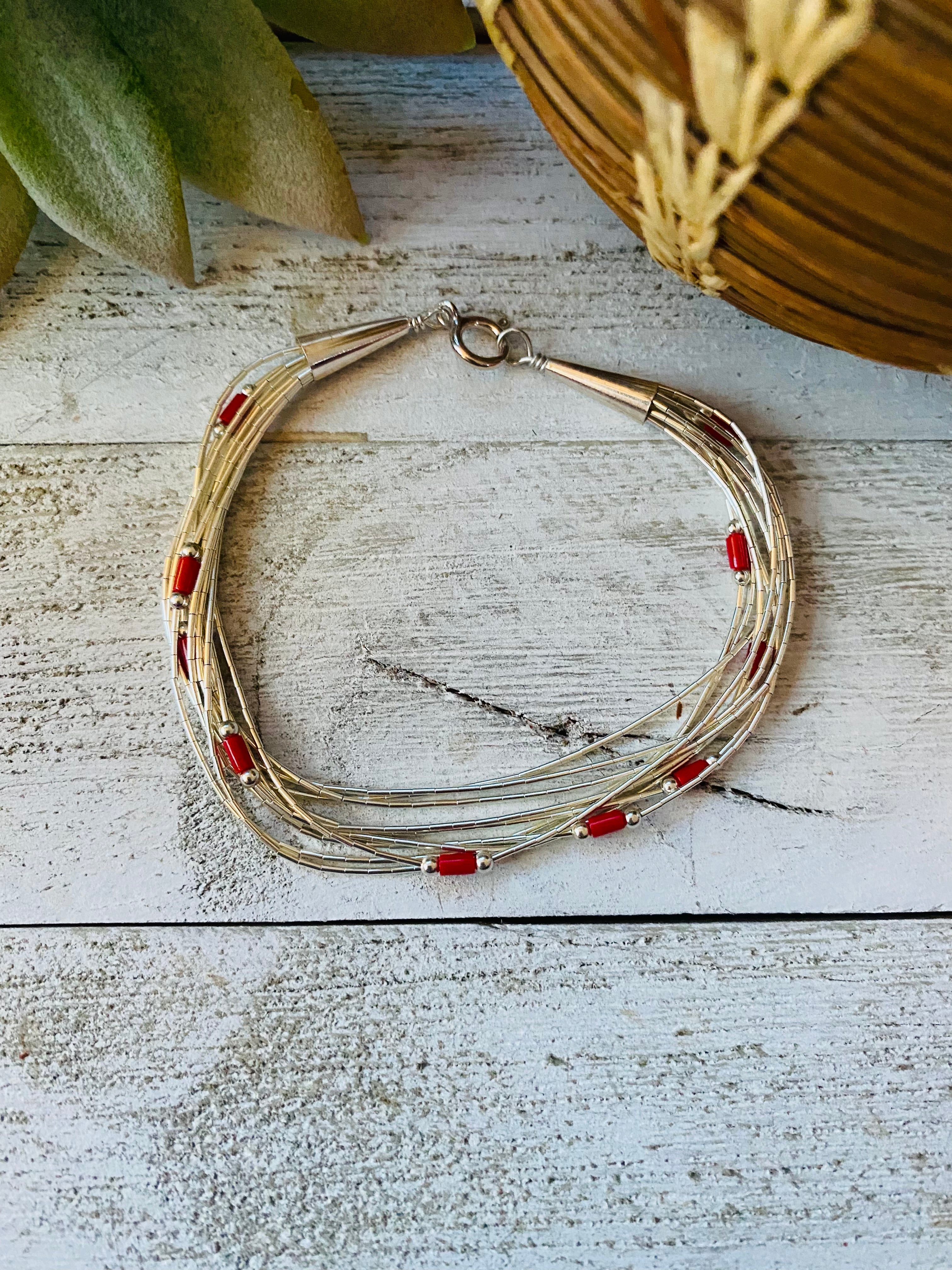 Navajo Coral & Sterling Liquid Silver Beaded Bracelet