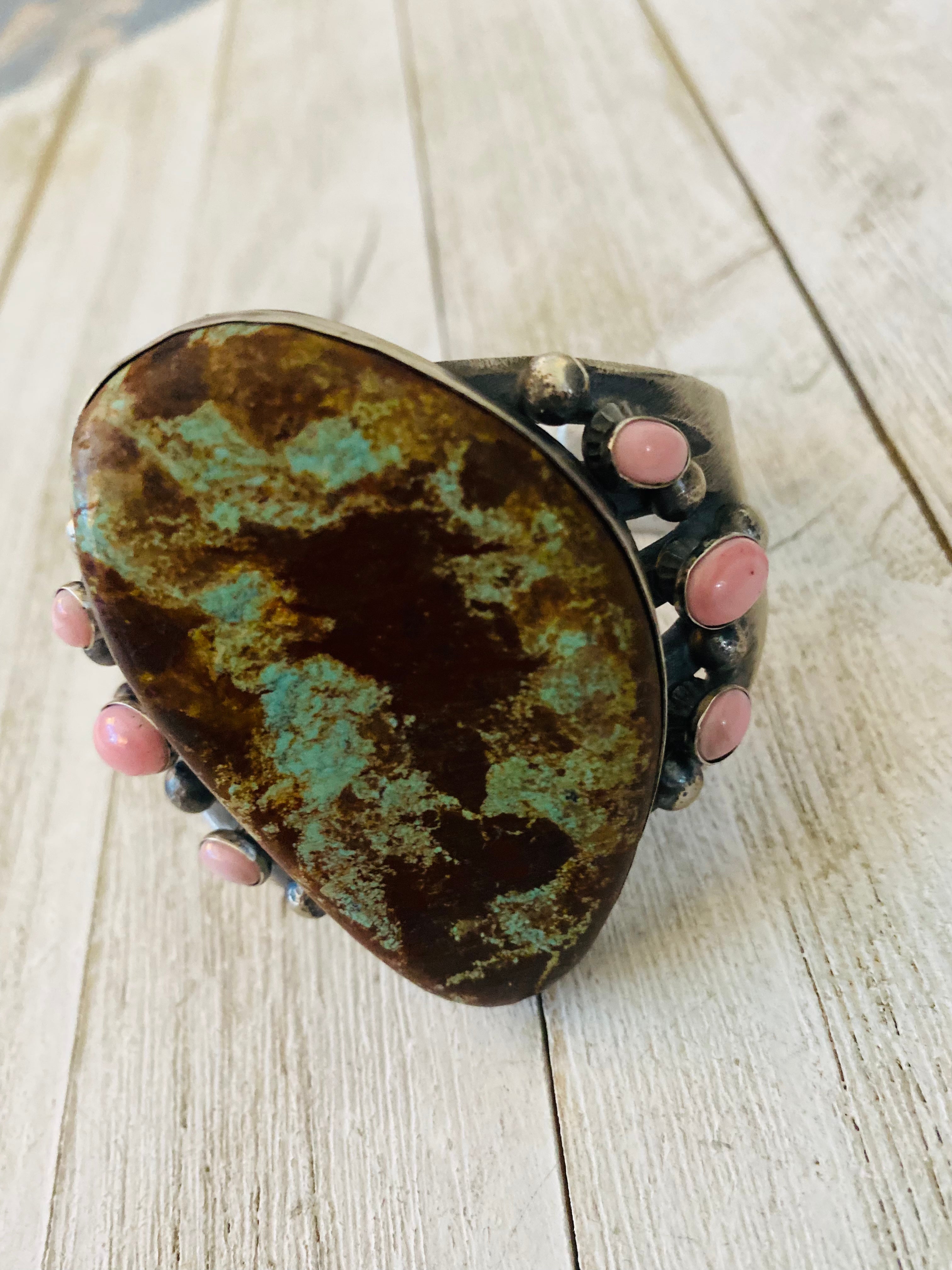 Navajo Turquoise, Queen Pink Conch Shell & Sterling Silver Cuff Bracelet By Chimney Butte