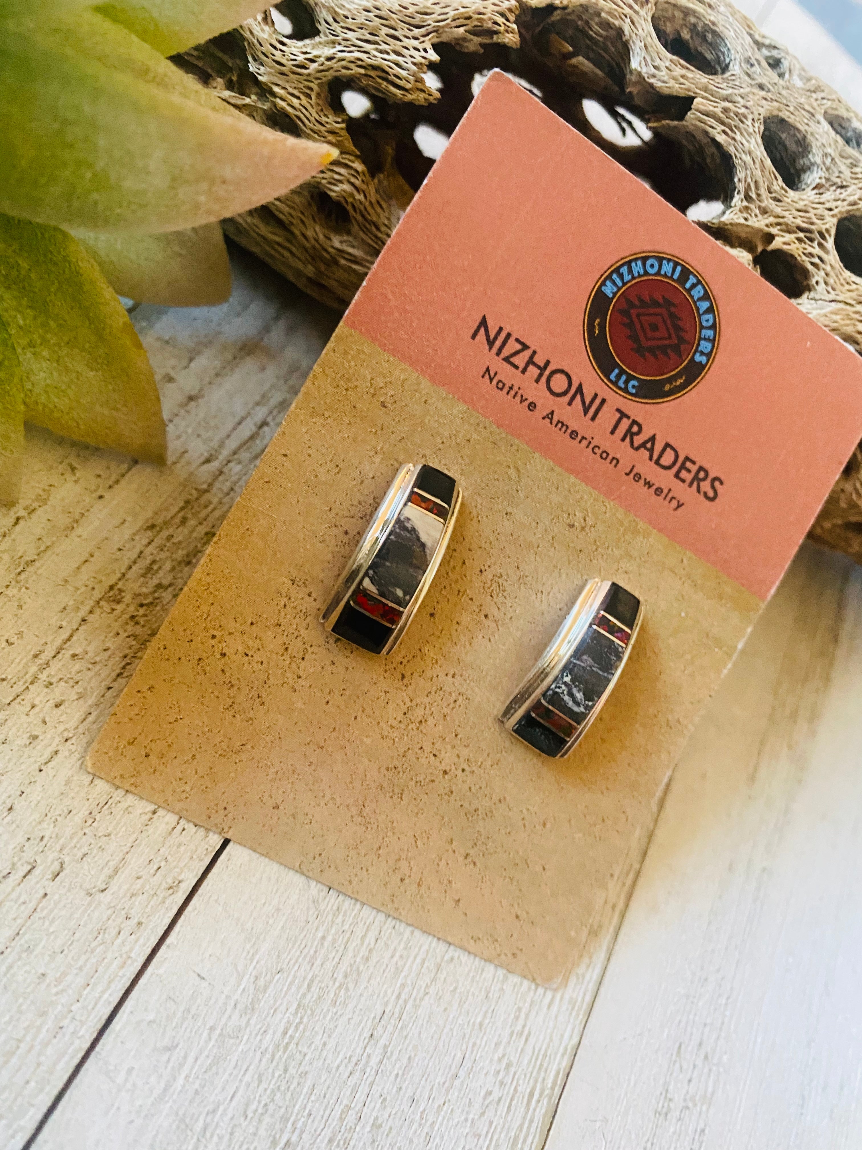 Navajo Multi Stone & Sterling Silver Inlay Dangle Earrings Signed