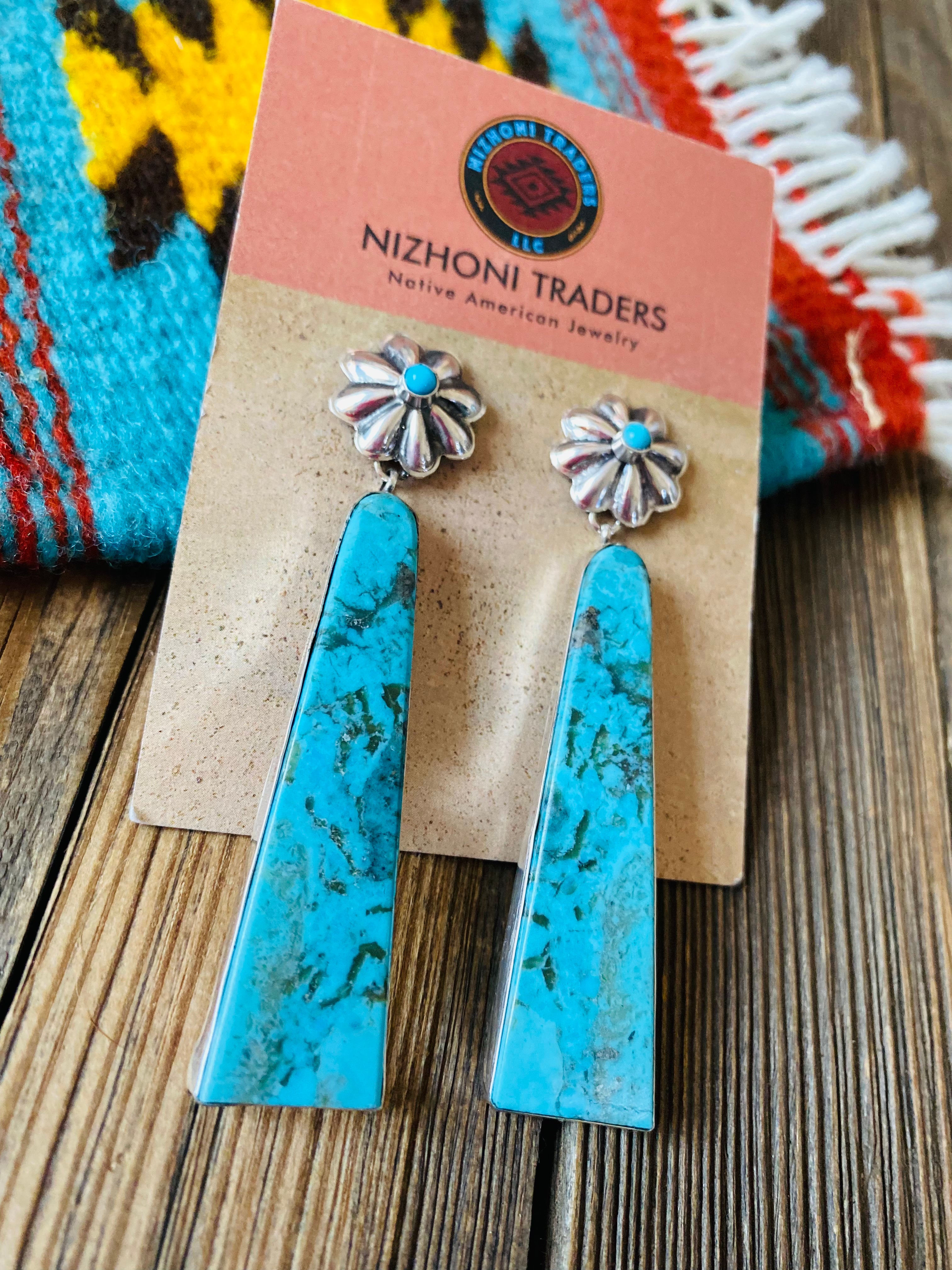 Navajo Sterling Silver & Turquoise Slab Concho Dangle Earrings