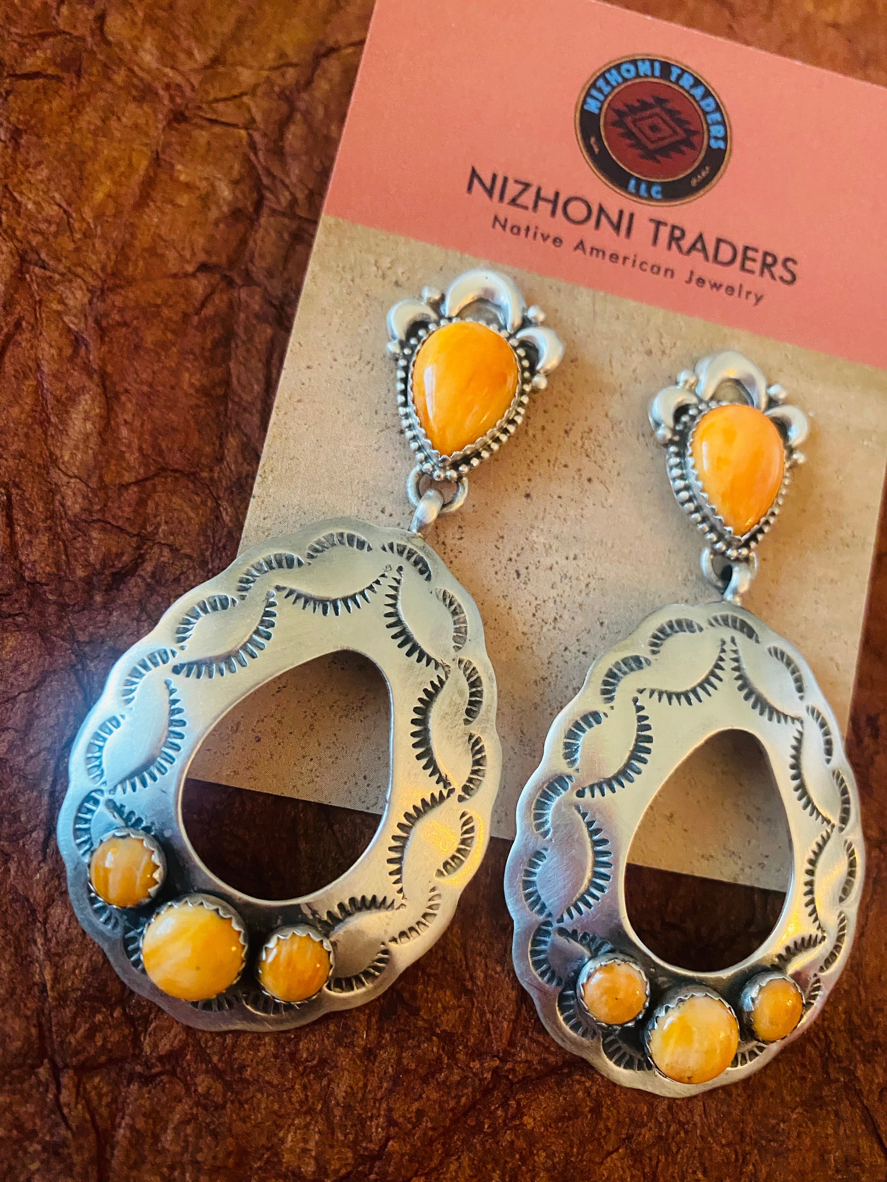 Navajo Sterling Silver & Orange Spiny Concho Dangle Earrings