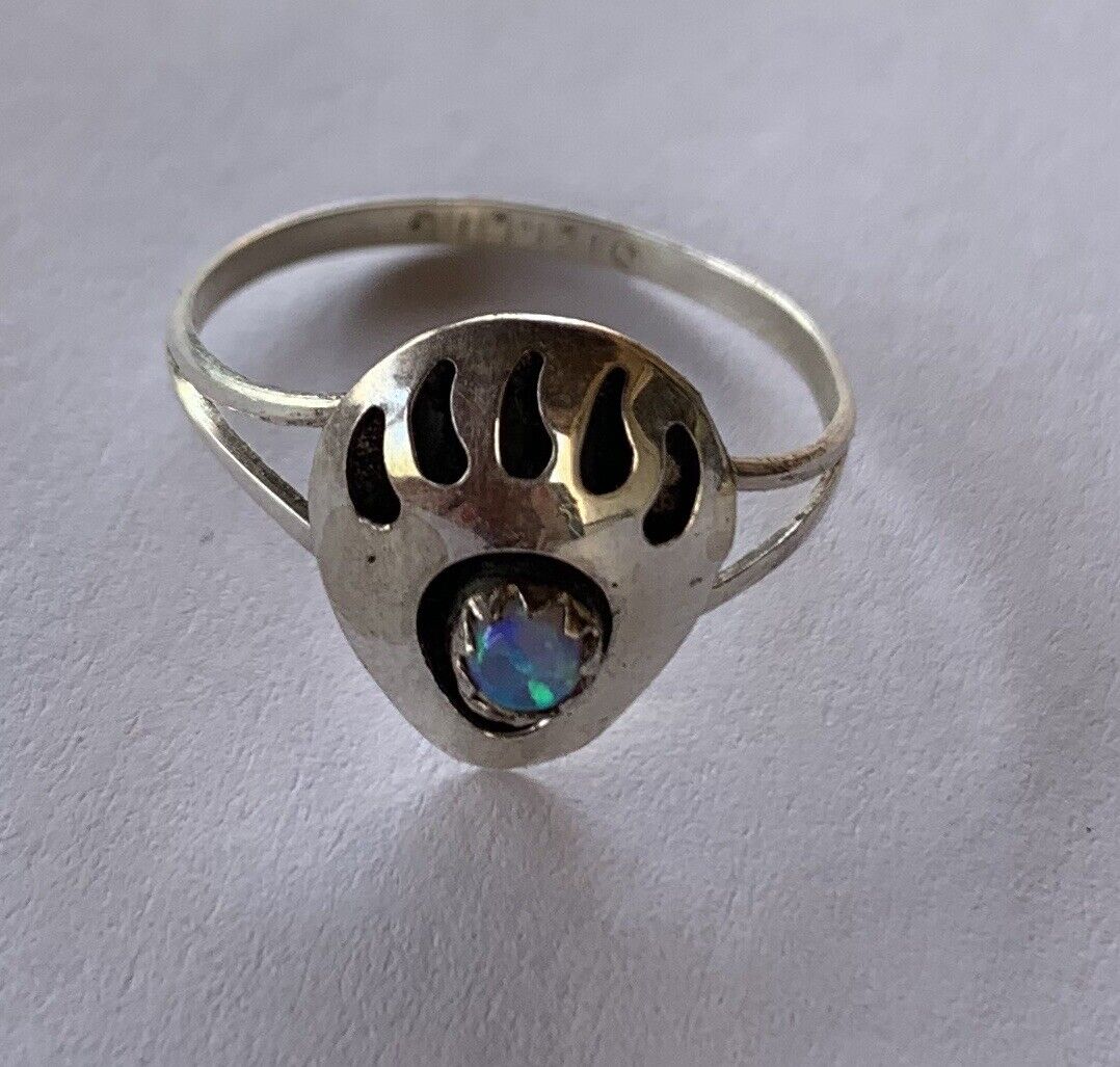 Navajo Sterling Silver Blue Opal Bear Paw Ring