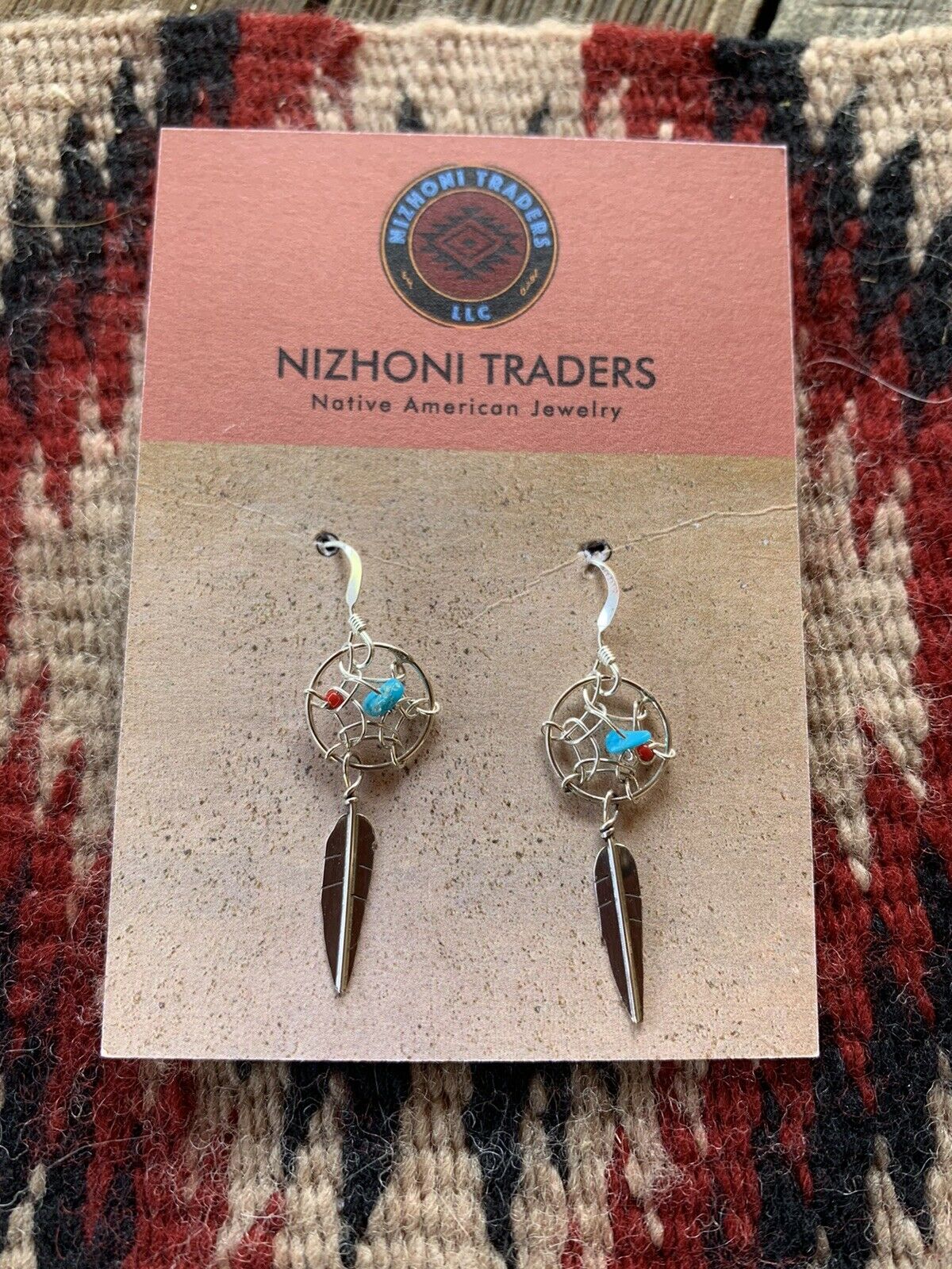 Navajo Sterling Silver Turquoise  Coral Dream Catcher, Feather Dangle Earrings.