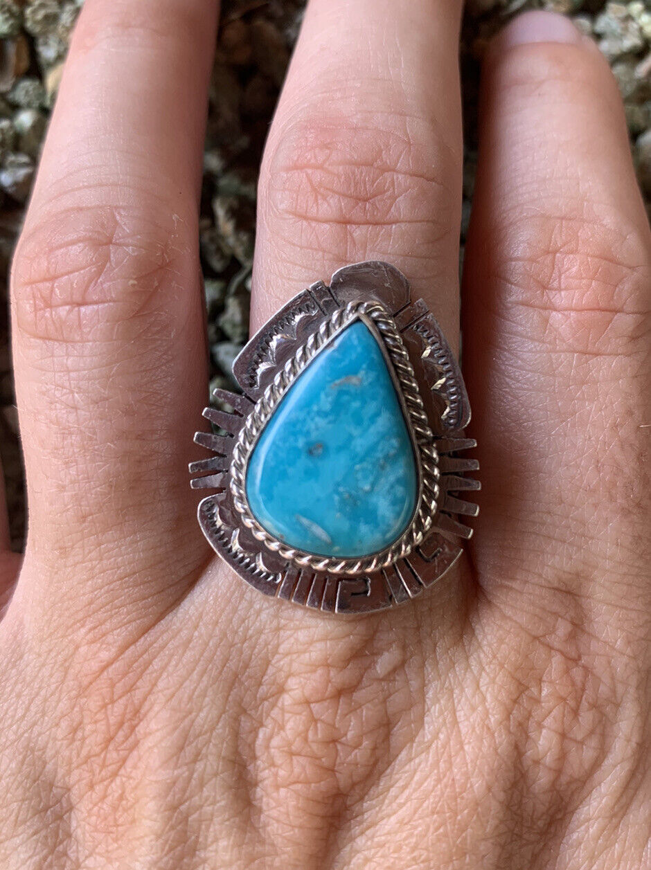 Navajo Kingman Turquoise & Stamped Sterling Silver Statement Ring