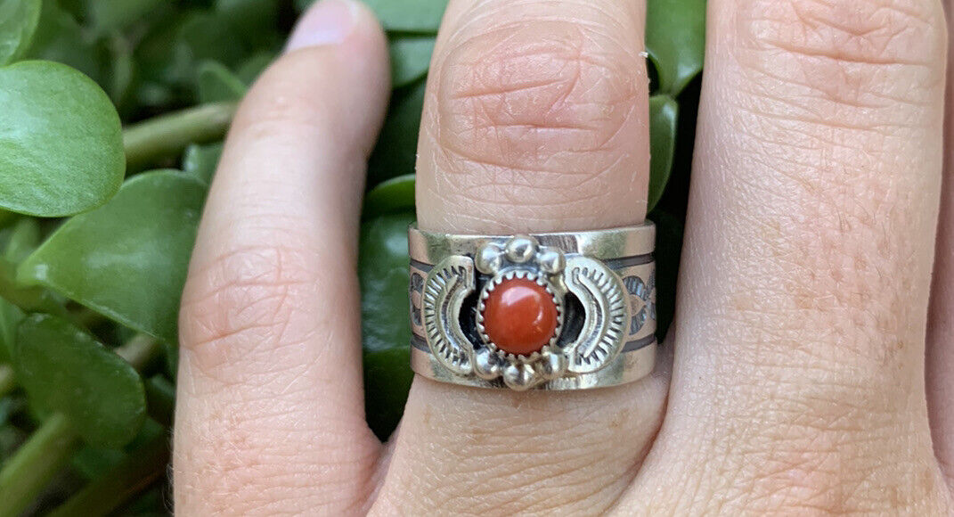 Navajo Natural Coral & Sterling Silver Cigar Band