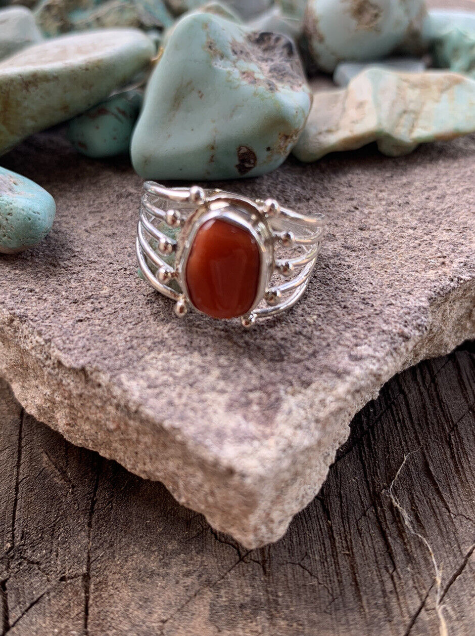 Navajo Natural Coral & Sterling Silver Ring