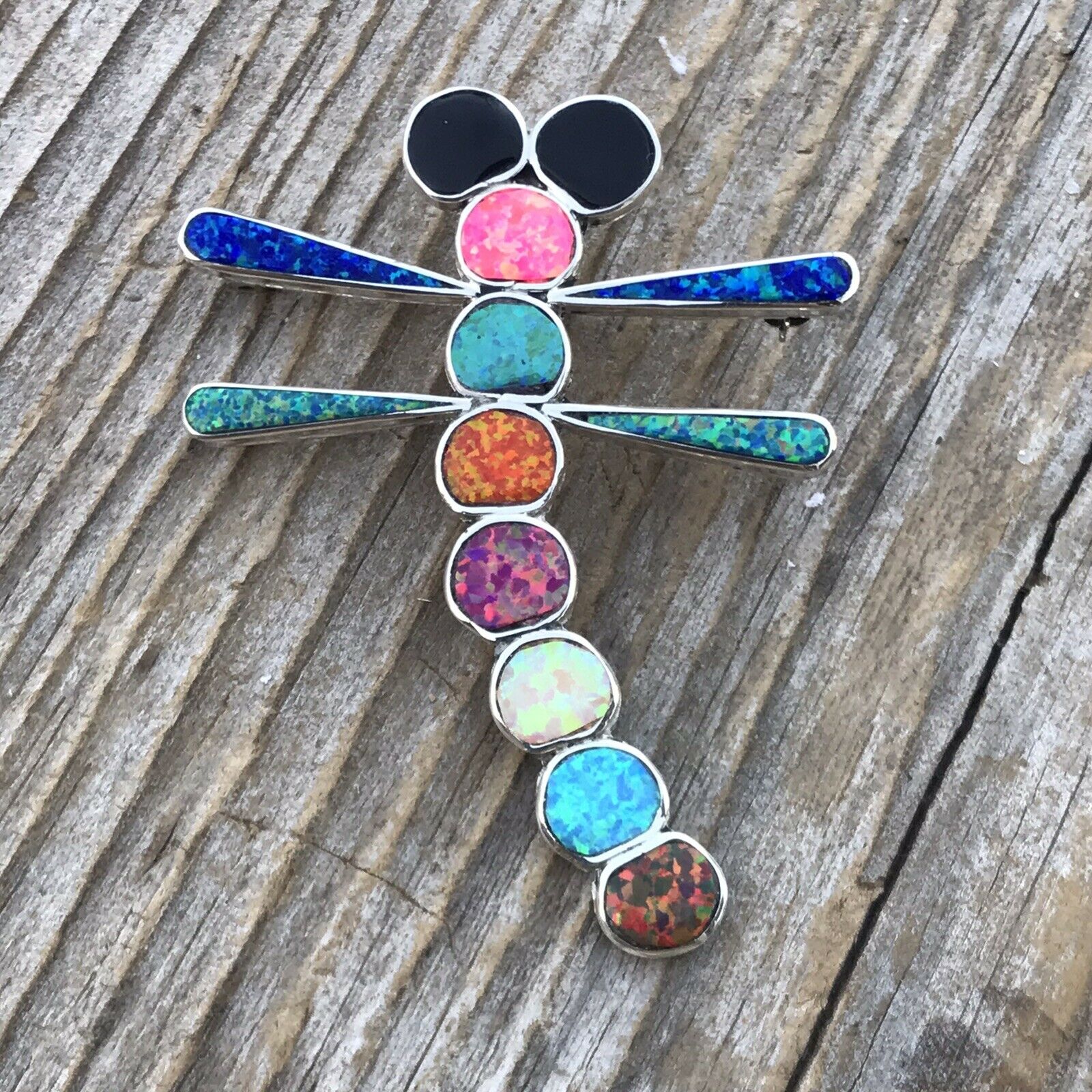 Navajo Sterling Silver & Multi Color Opal Stone Dragonfly Pendant Pin Signed