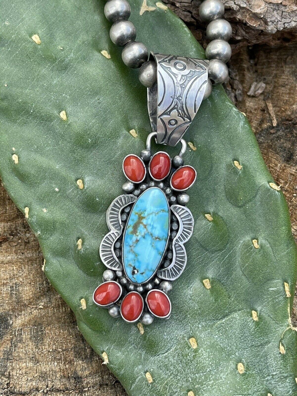 Navajo Sterling Kingman Web Turquoise & Red Coral Pendant Taos Collection