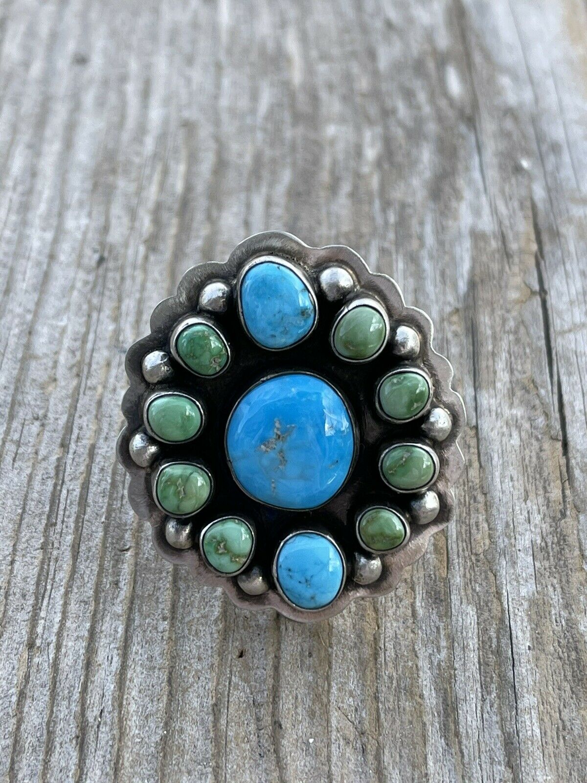 Navajo Sterling Sonoran Gold And Golden Hills Turquoise Cluster Ring Size 8.5