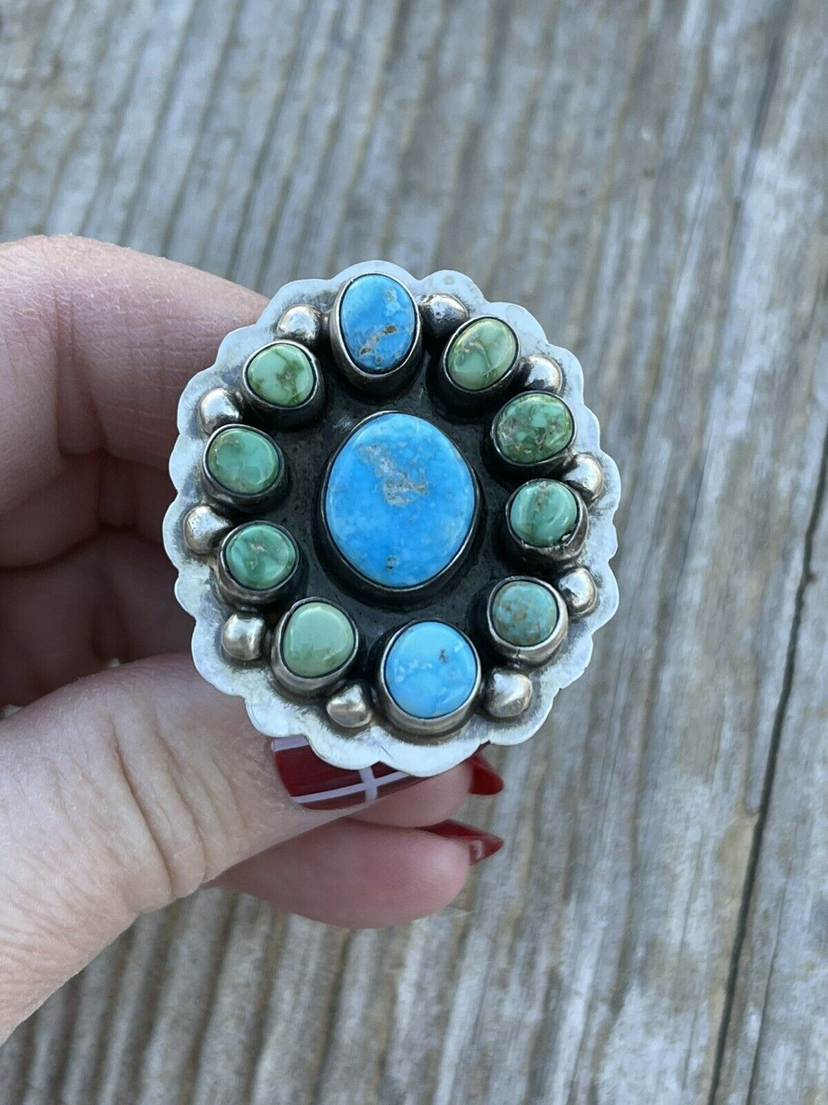 Navajo Sterling Sonoran Gold And Golden Hills Turquoise Cluster Ring Size 8.5