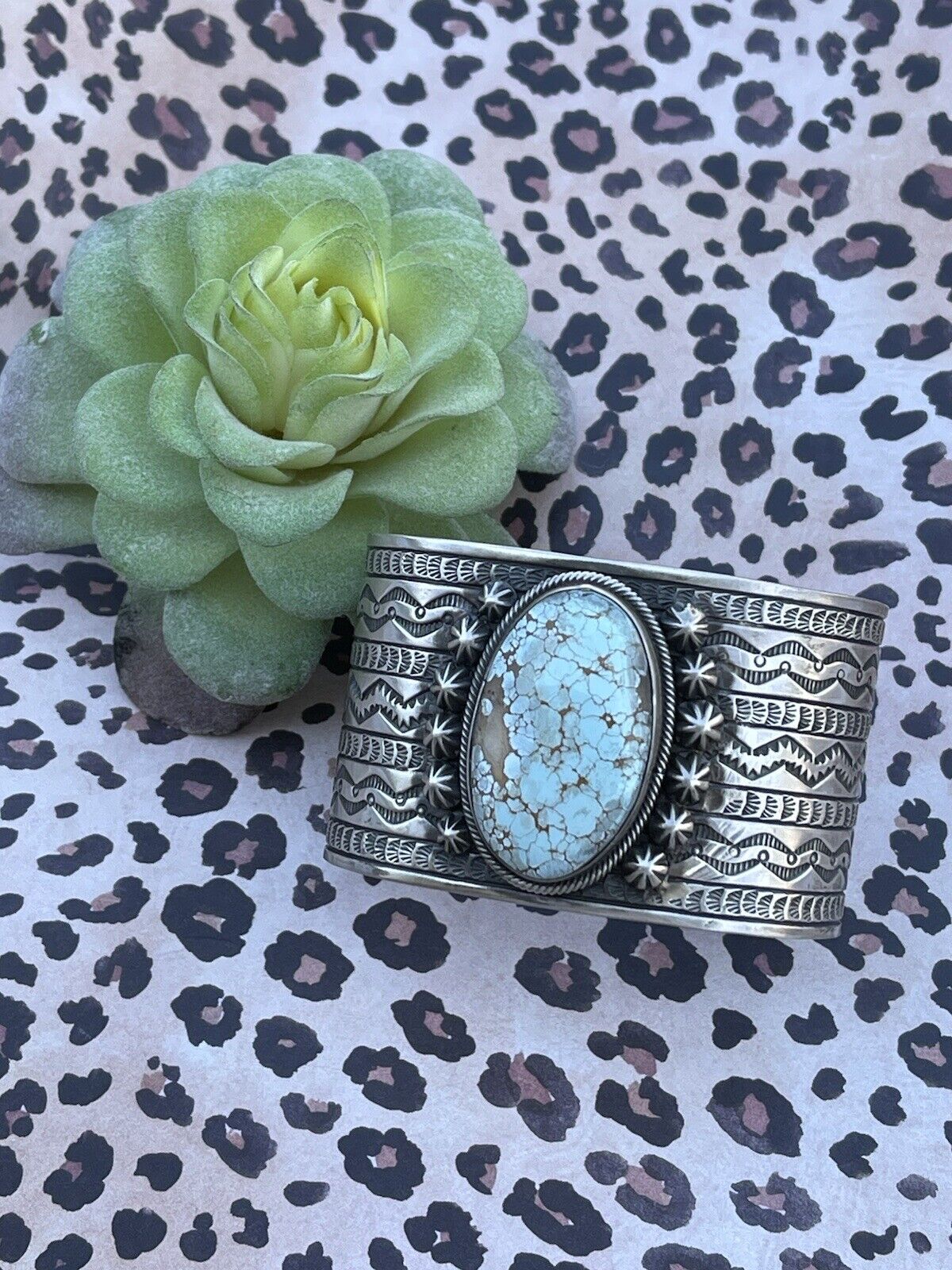 Navajo Handmade Sterling & Number 8 Turquoise Signed Cuff Signed Danny Clark