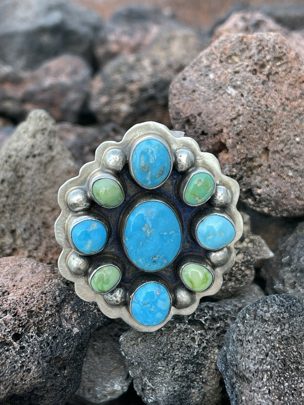 Navajo Sterling Sonoran Gold And Golden Hills Turquoise Cluster Ring Size 8.5