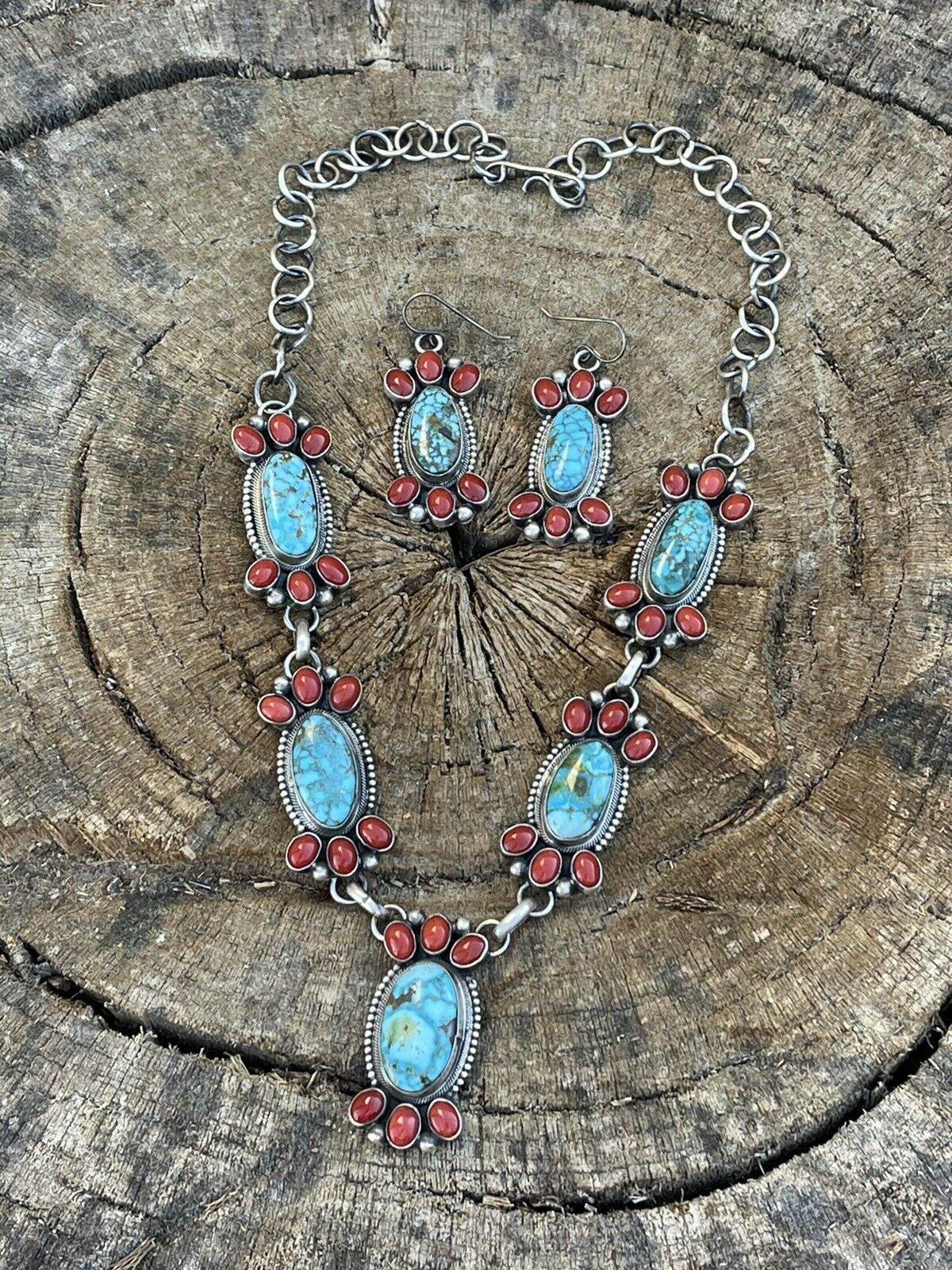 Navajo Sterling Kingman Turquoise Natural Red Coral Necklace Set Taos Collection