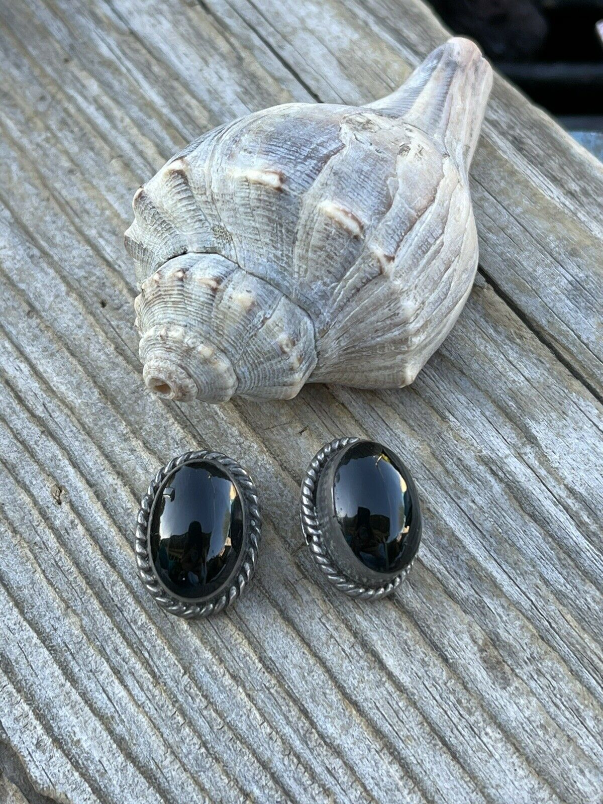 Vintage Navajo Sterling Silver Black Onyx Oval  Clip On Earrings Signed